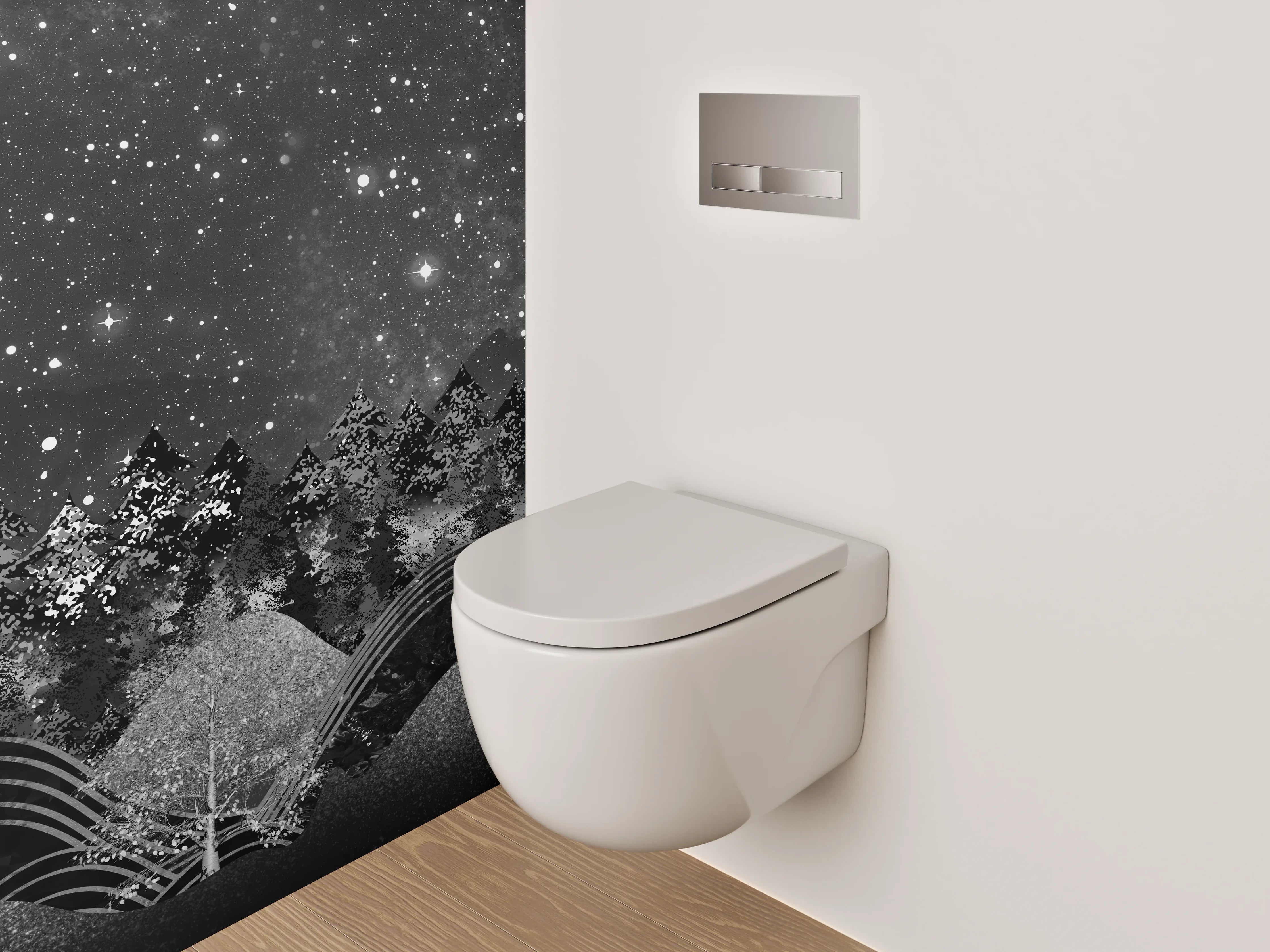 WC-Rückwand - Sternenhimmel Waldnacht Schwarz-Weiß Kunst