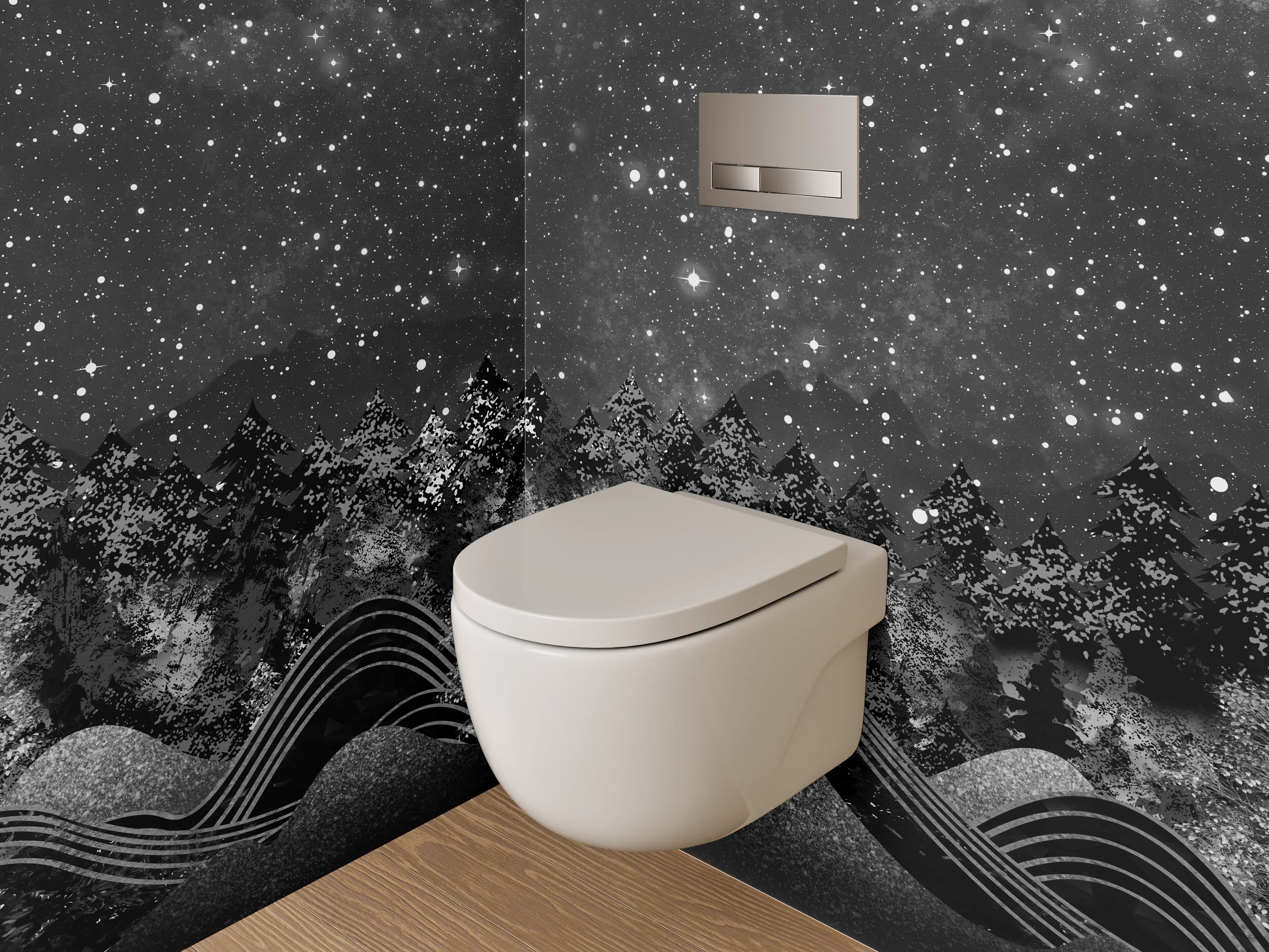 WC-Rückwand - Sternenhimmel Waldnacht Schwarz-Weiß Kunst