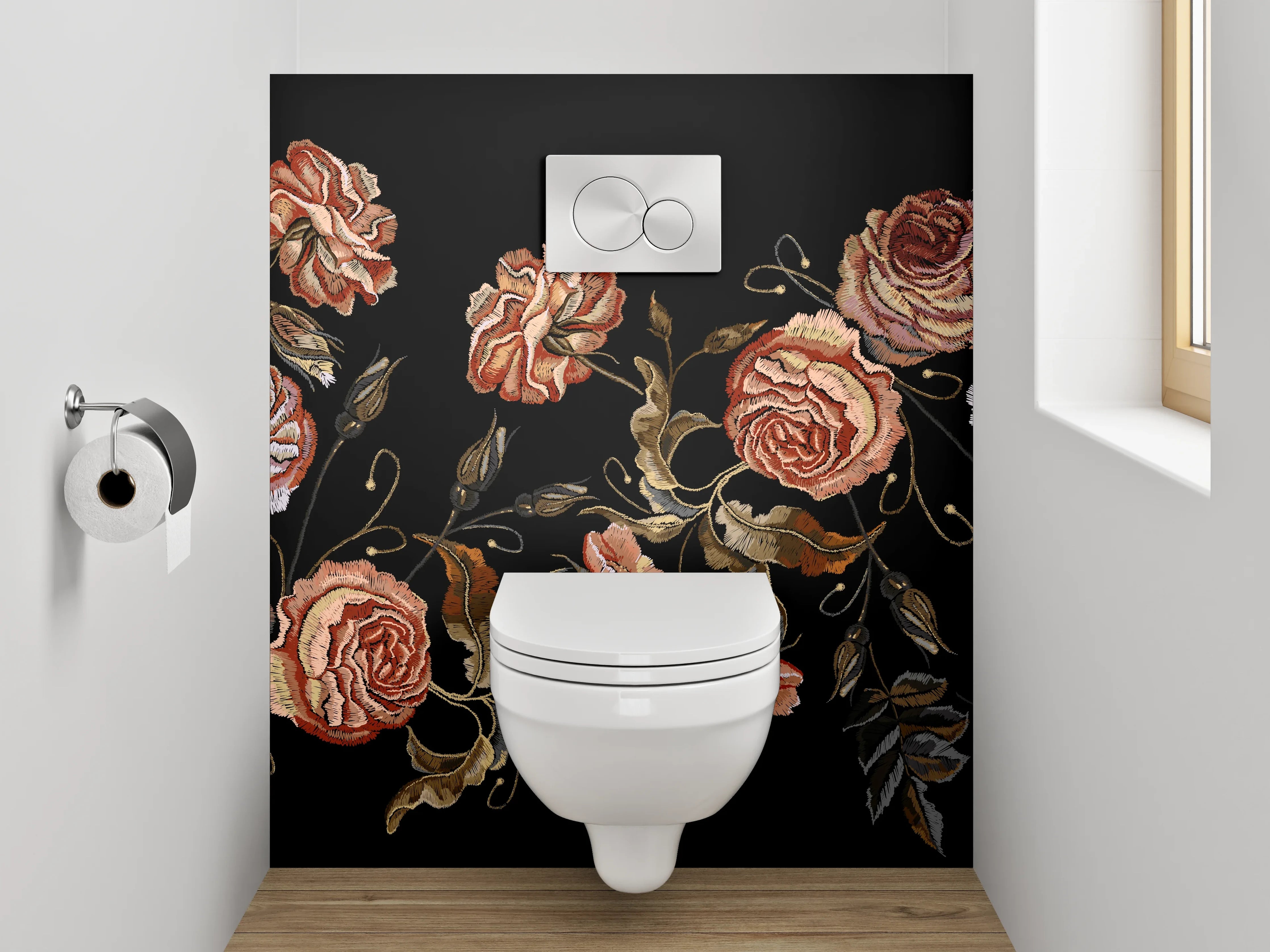 WC-Rückwand - Stickerei-Rosen auf Schwarz Blumenmuster