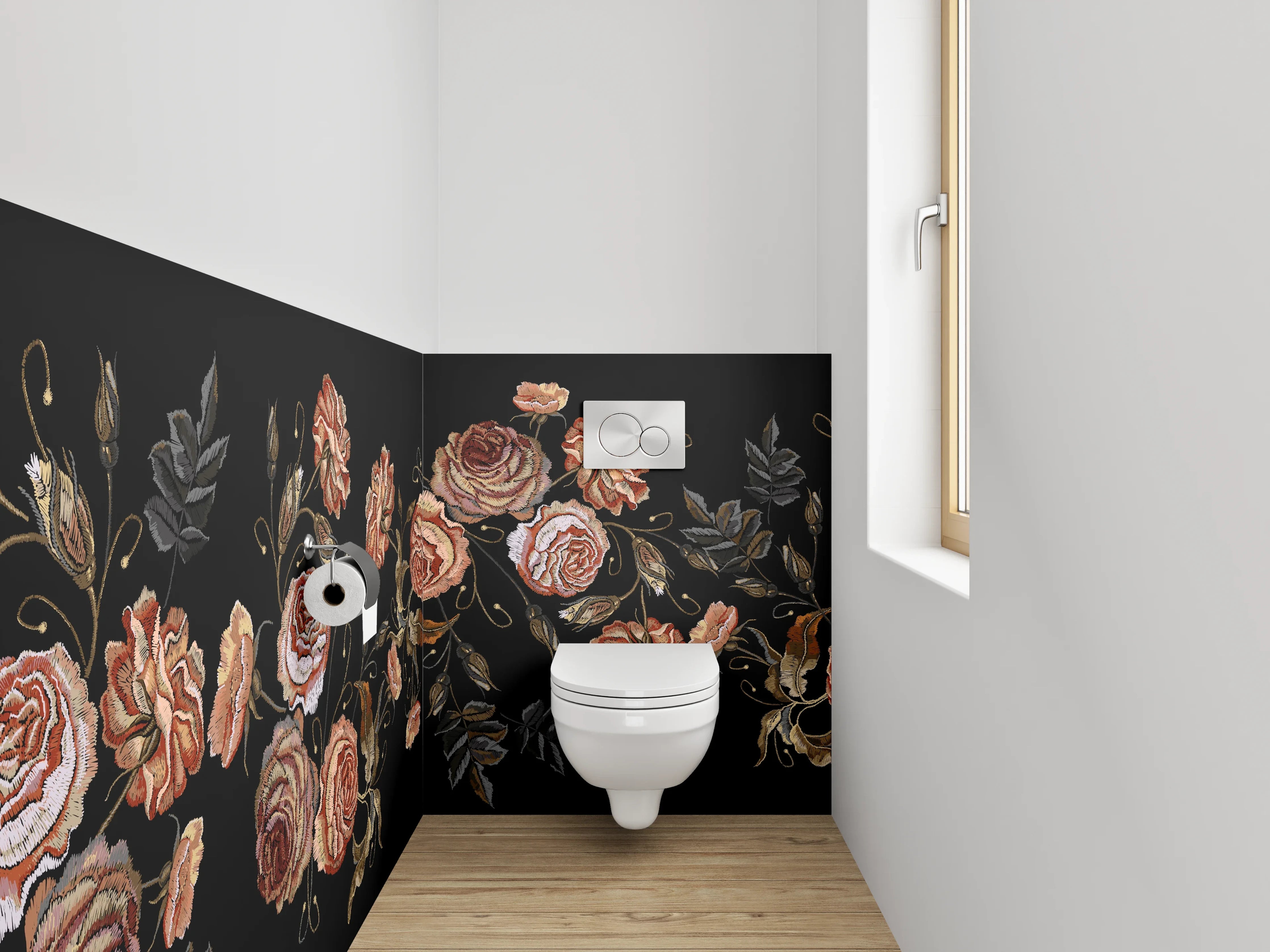 WC-Rückwand - Stickerei-Rosen auf Schwarz Blumenmuster