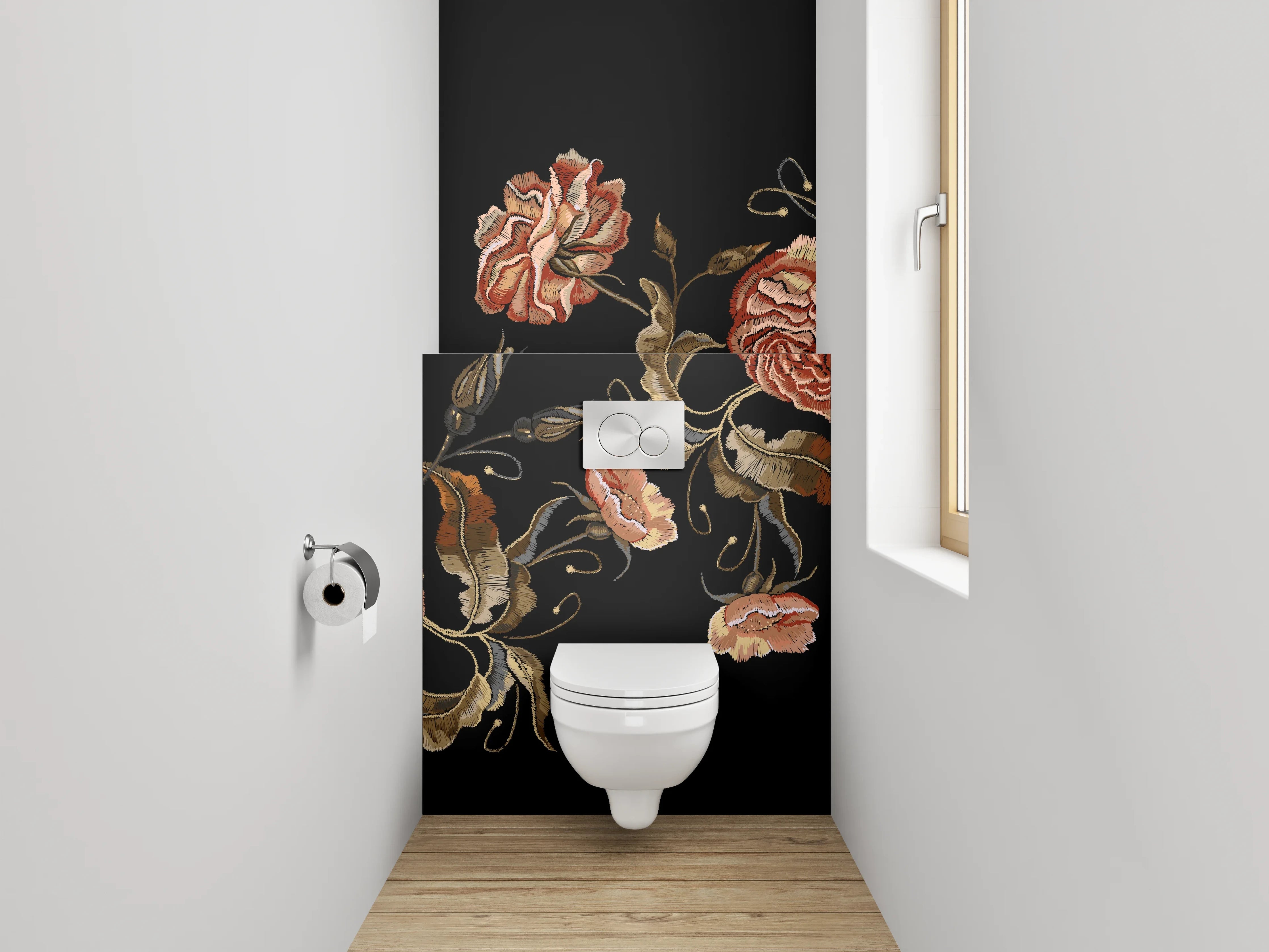WC-Rückwand - Stickerei-Rosen auf Schwarz Blumenmuster