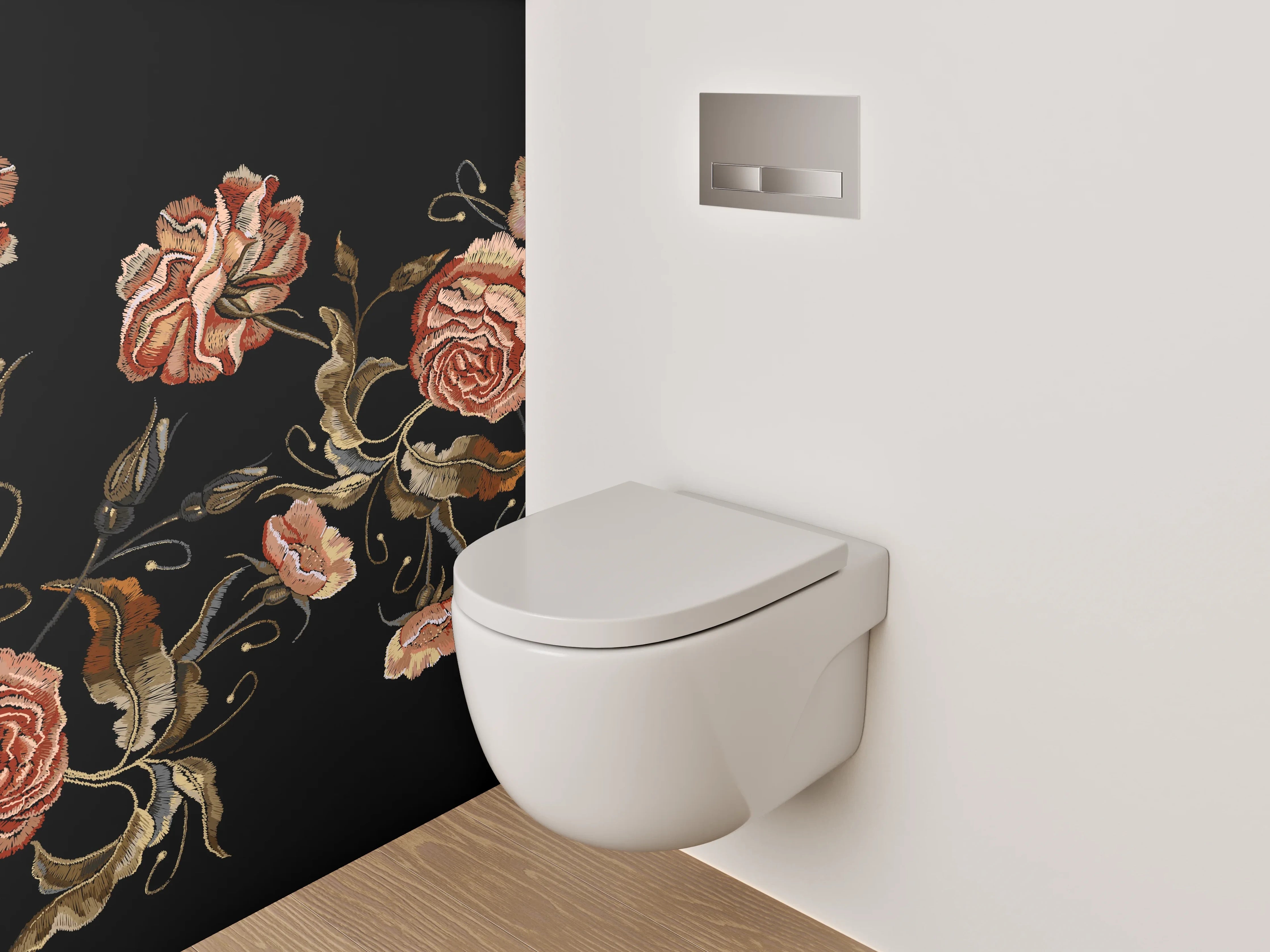 WC-Rückwand - Stickerei-Rosen auf Schwarz Blumenmuster