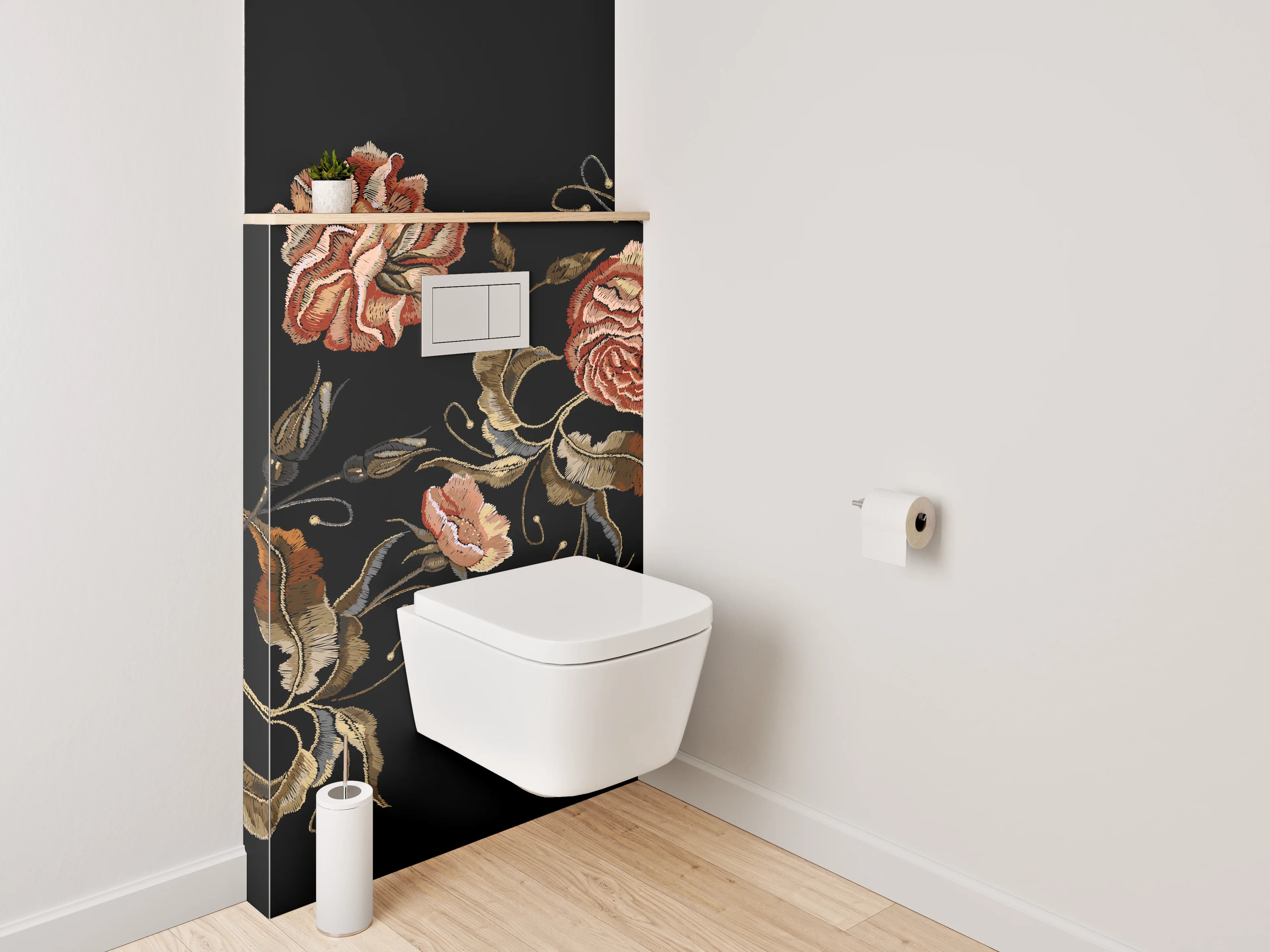 WC-Rückwand - Stickerei-Rosen auf Schwarz Blumenmuster