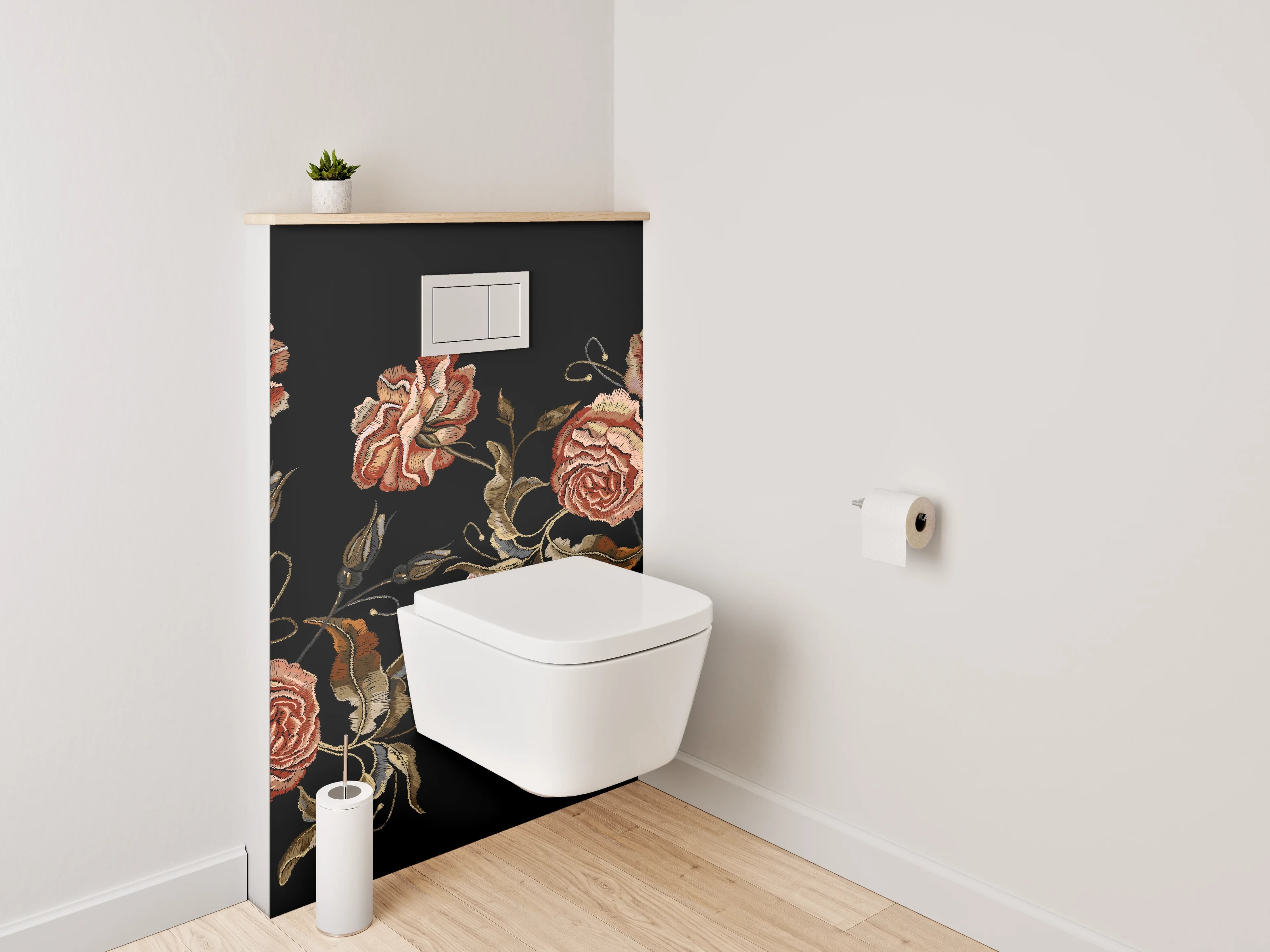 WC-Rückwand - Stickerei-Rosen auf Schwarz Blumenmuster