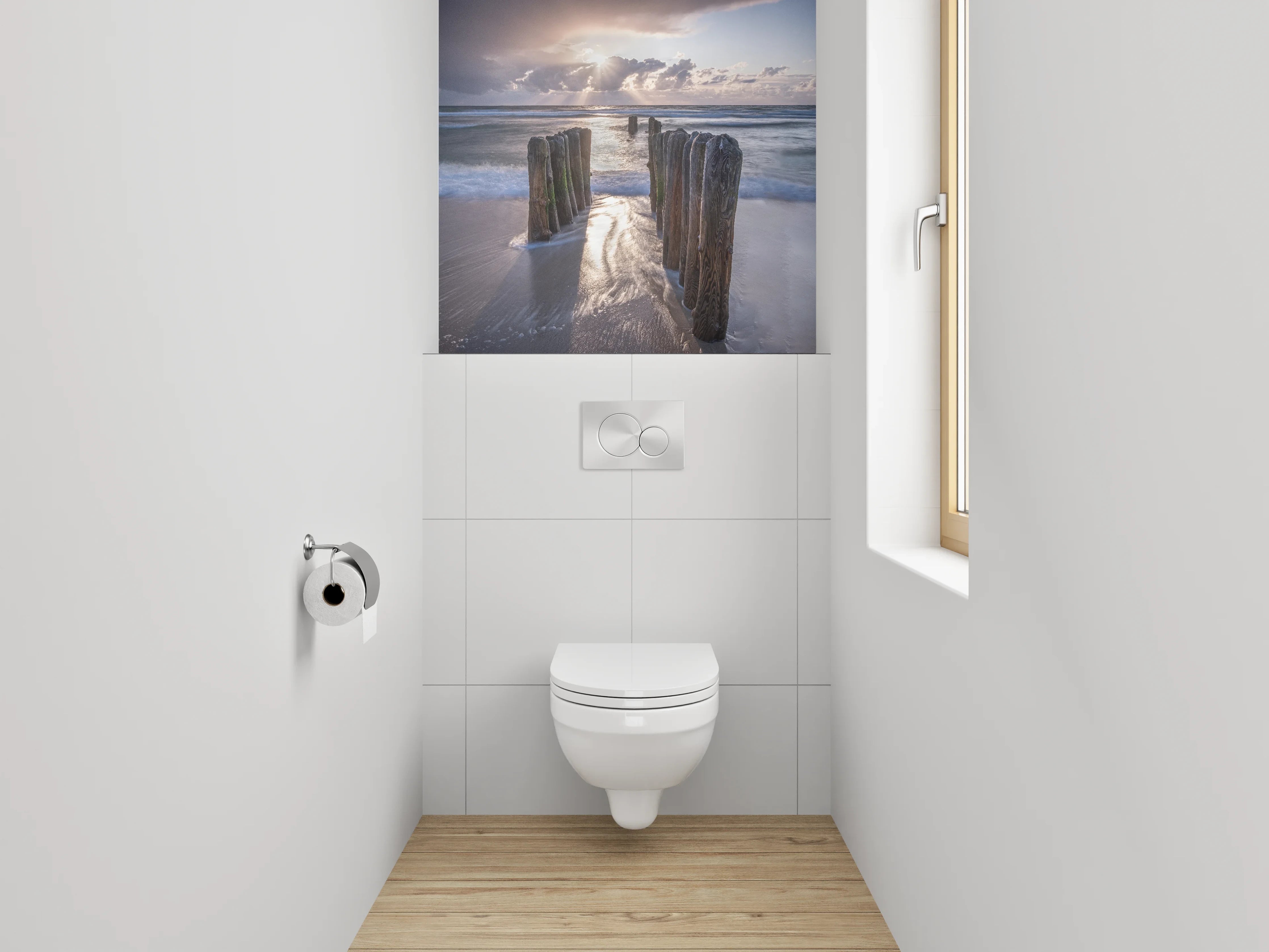WC-Rückwand - Strand Sonnenaufgang Holzpfähle
