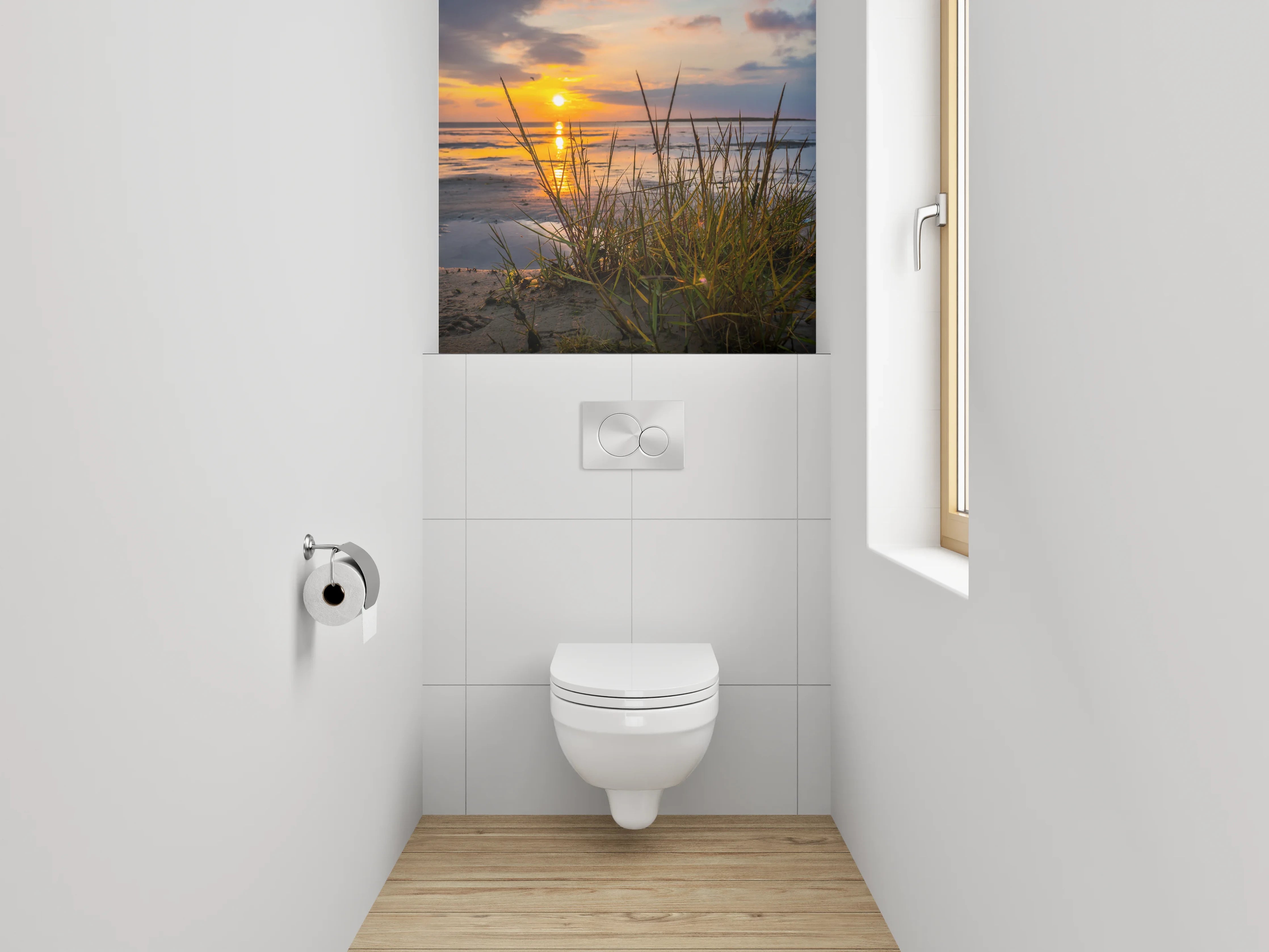 WC-Rückwand - Strand Sonnenuntergang mit Dünenpflanzen