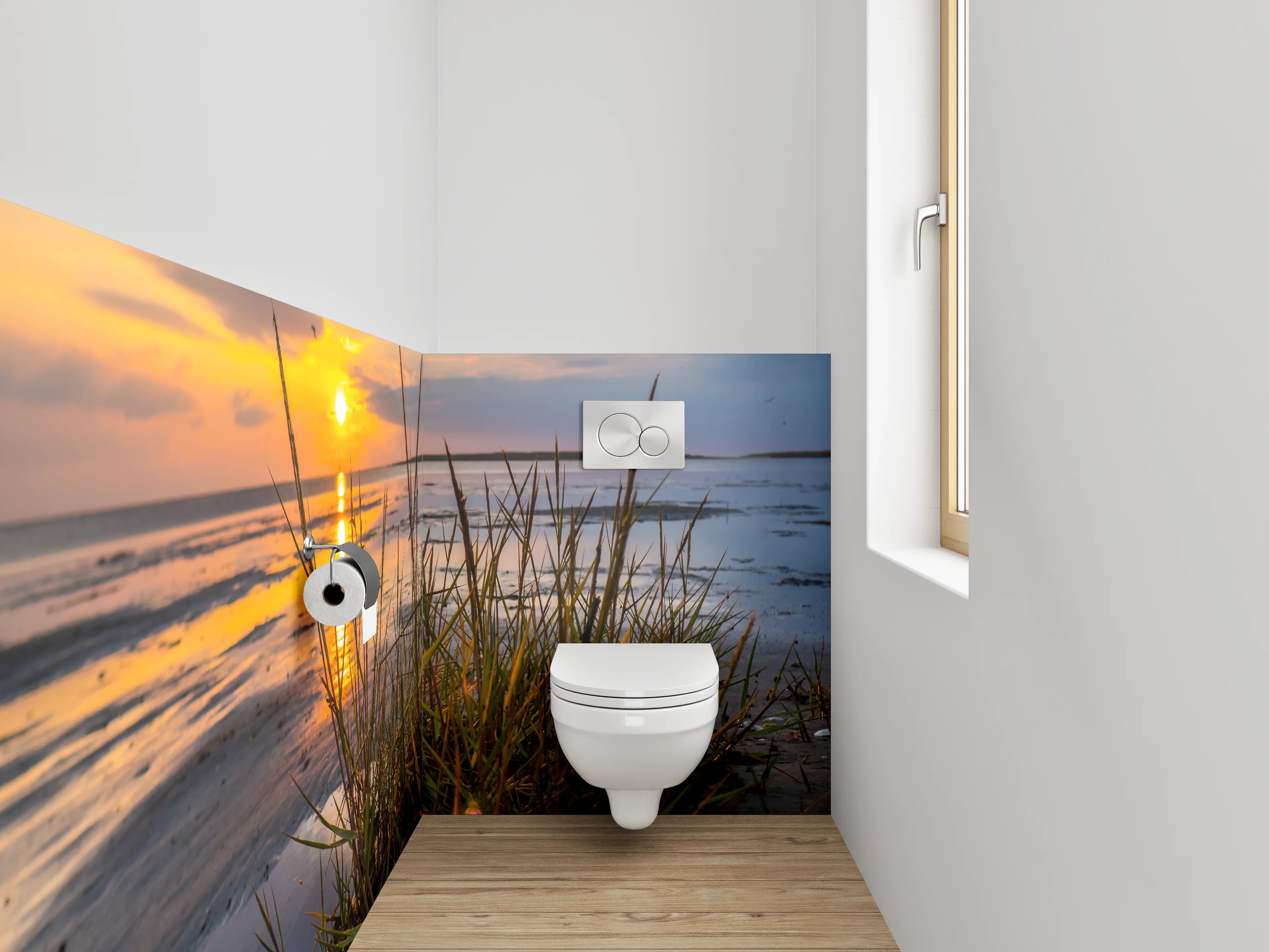 WC-Rückwand - Strand Sonnenuntergang mit Dünenpflanzen