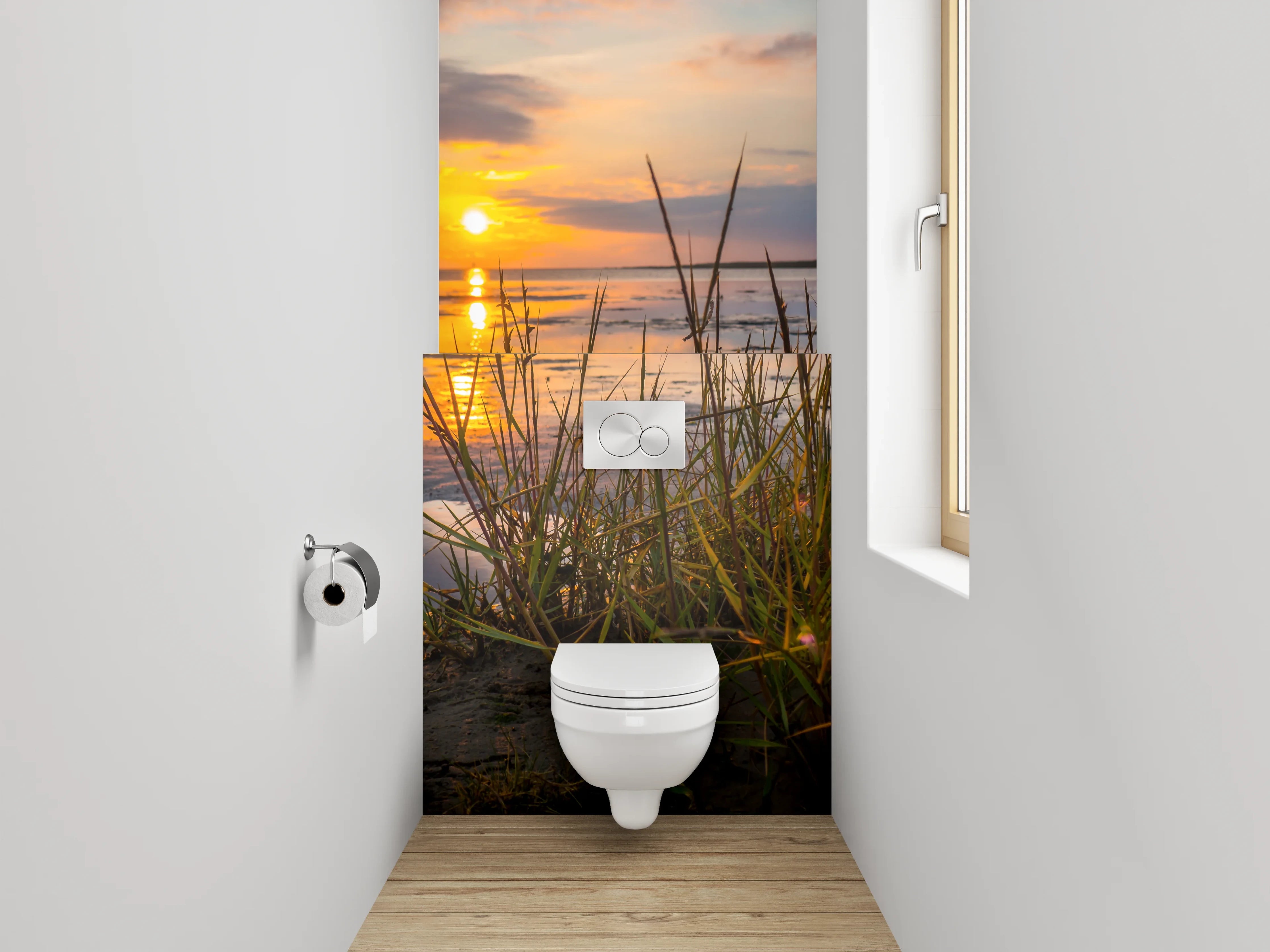 WC-Rückwand - Strand Sonnenuntergang mit Dünenpflanzen
