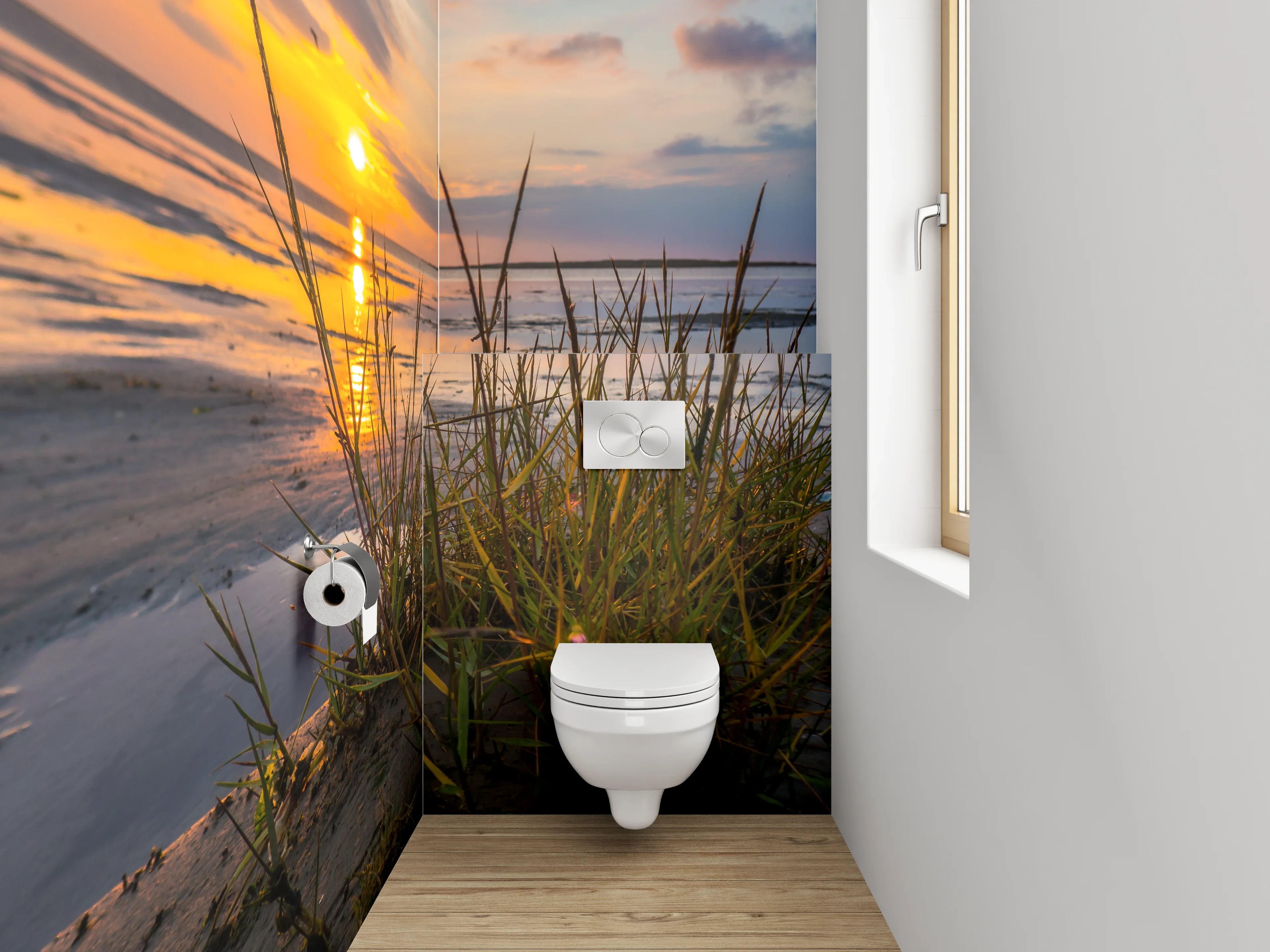WC-Rückwand - Strand Sonnenuntergang mit Dünenpflanzen