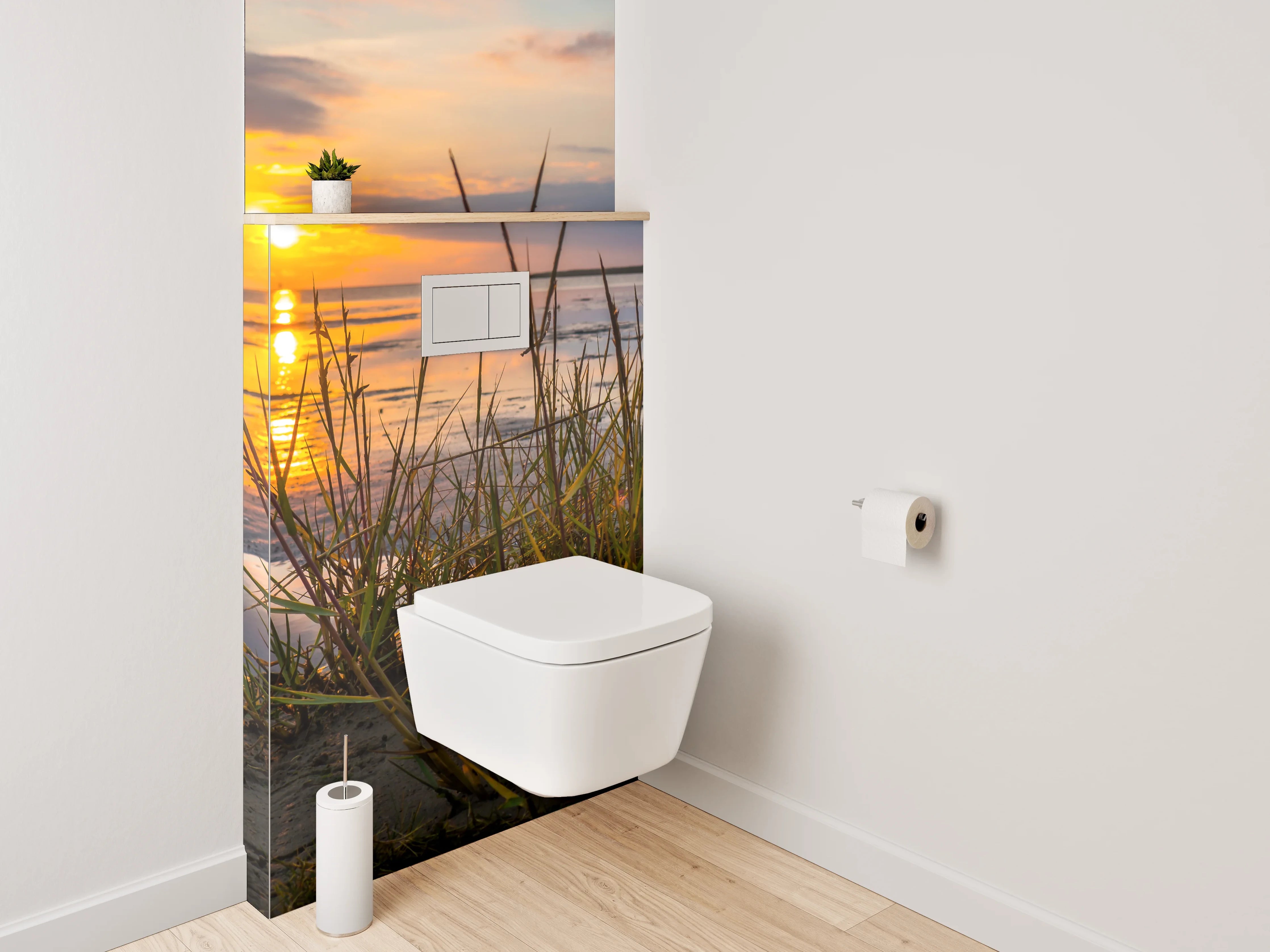 WC-Rückwand - Strand Sonnenuntergang mit Dünenpflanzen