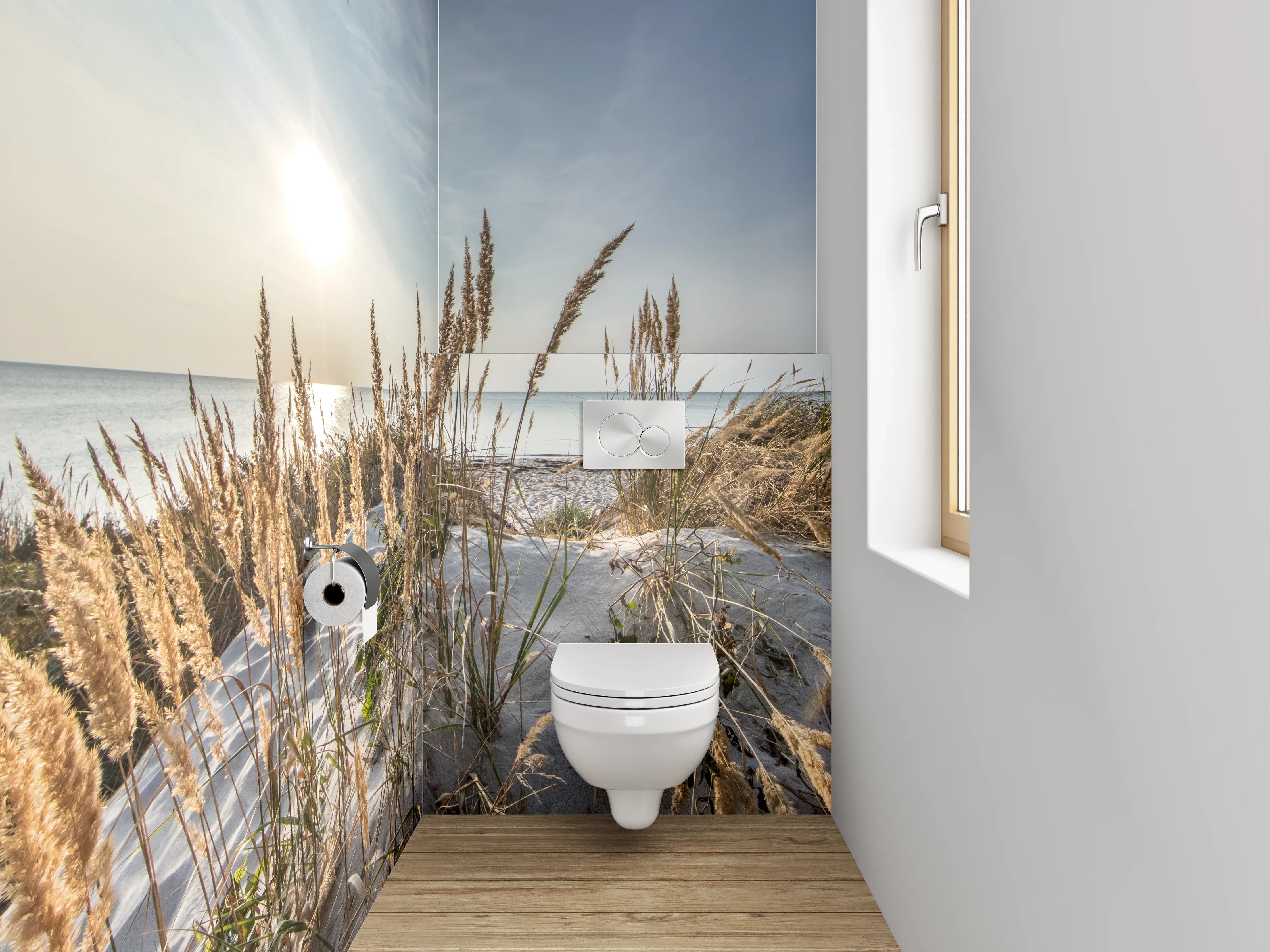 WC-Rückwand - Strandgras am Meer – Sonnenaufgang