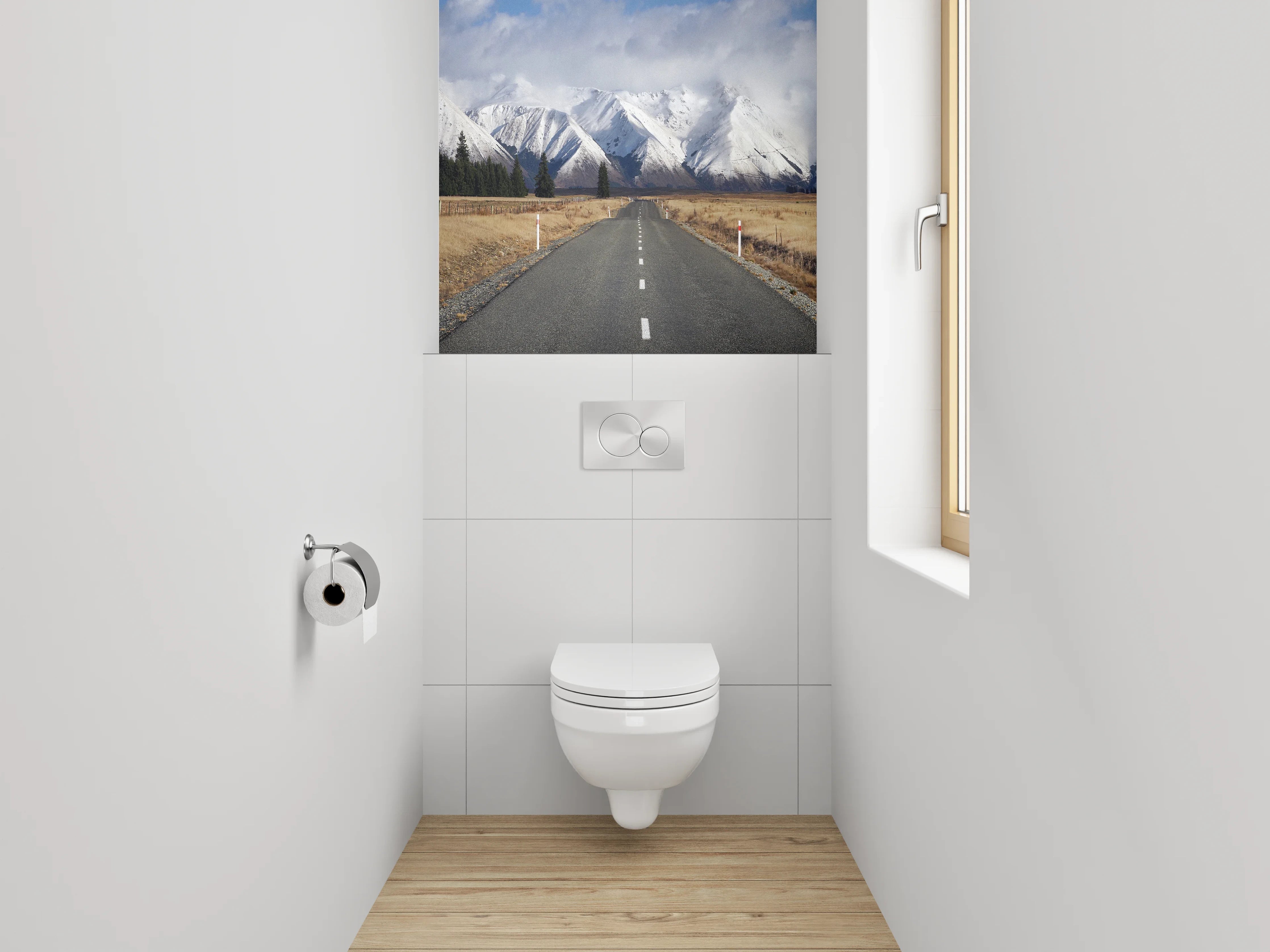 WC-Rückwand - Straße zu verschneiten Bergen Panorama
