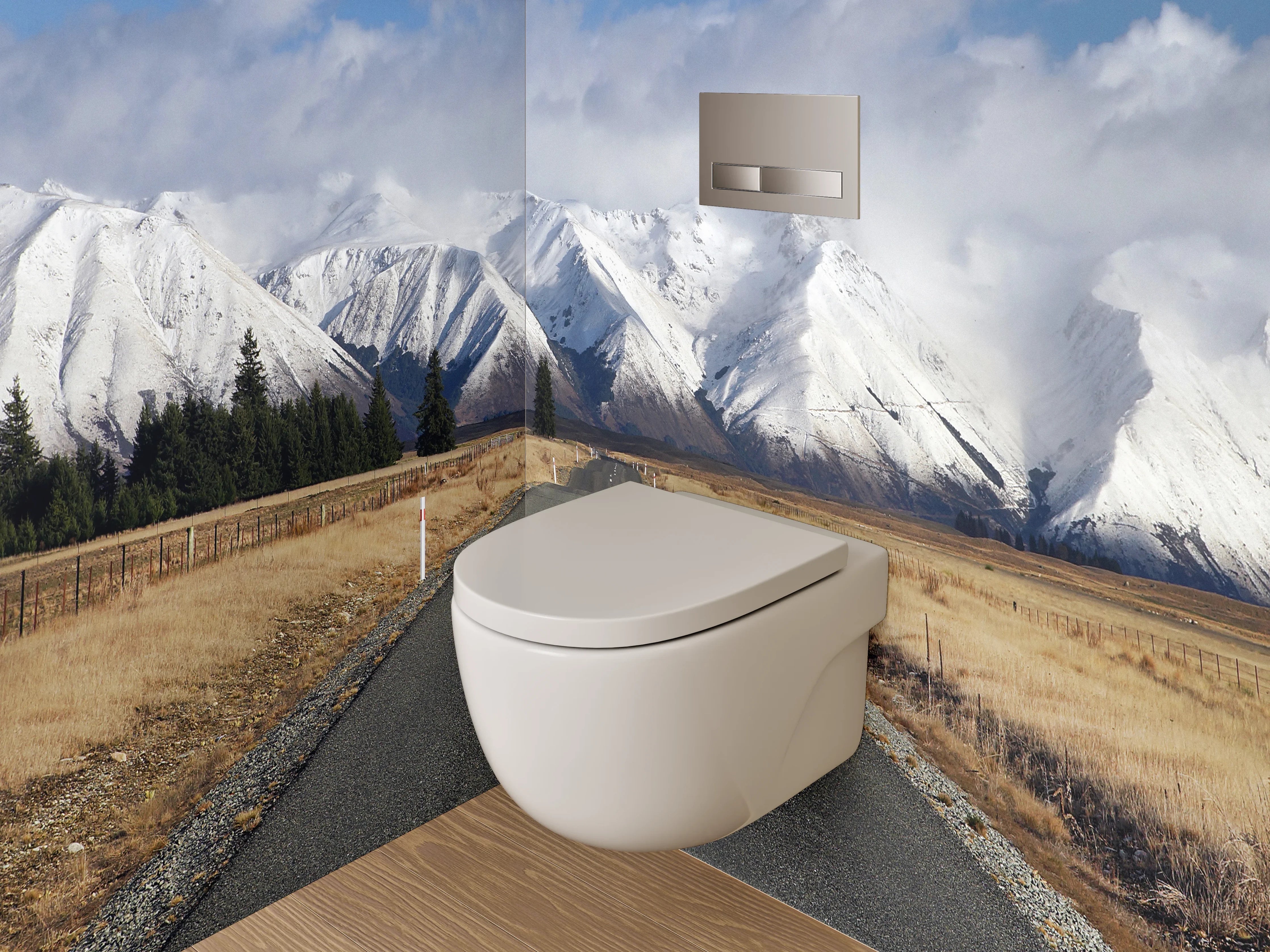 WC-Rückwand - Straße zu verschneiten Bergen Panorama