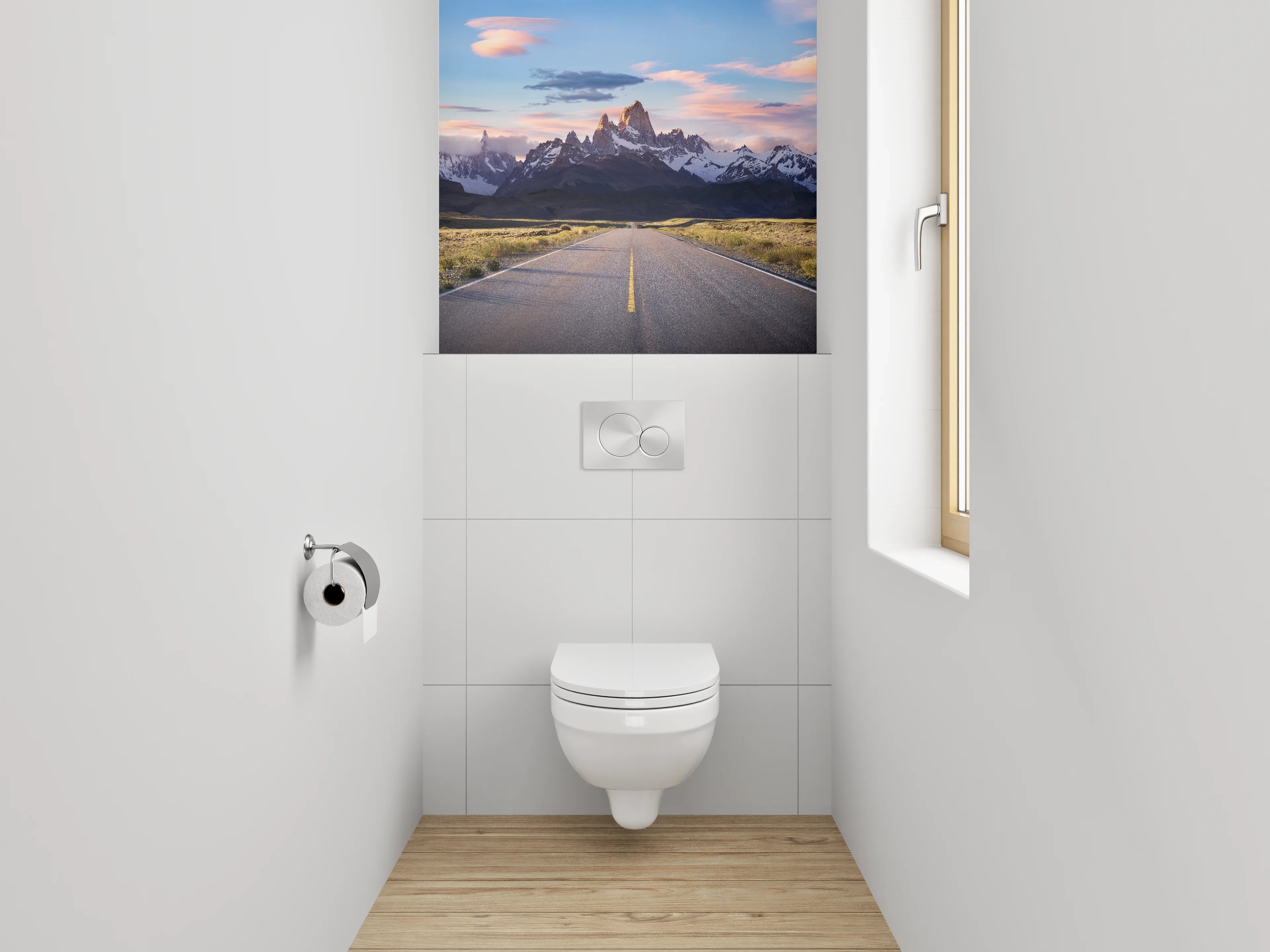 WC-Rückwand - Straße zum Sonnenaufgang am Gebirge