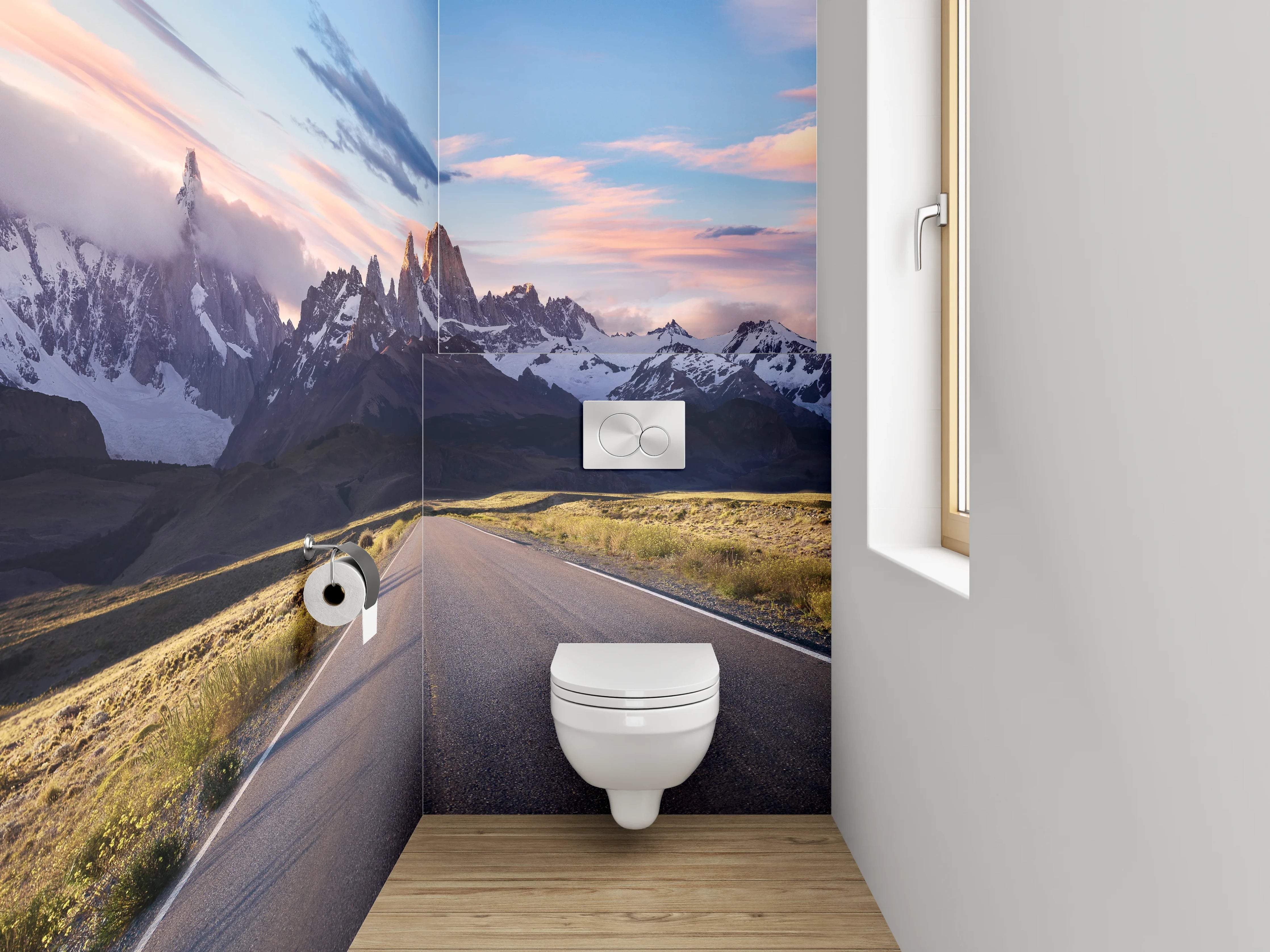 WC-Rückwand - Straße zum Sonnenaufgang am Gebirge