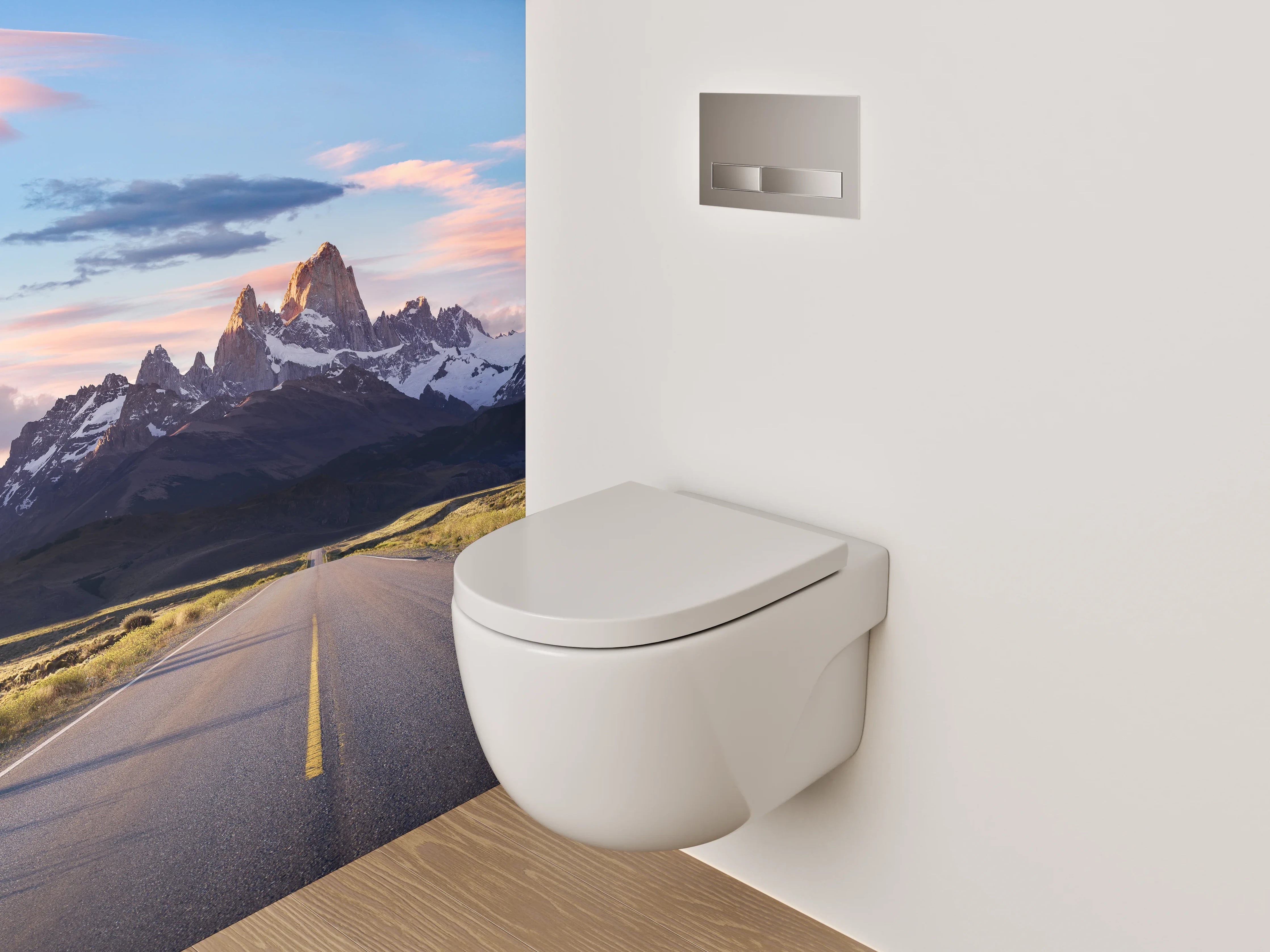 WC-Rückwand - Straße zum Sonnenaufgang am Gebirge