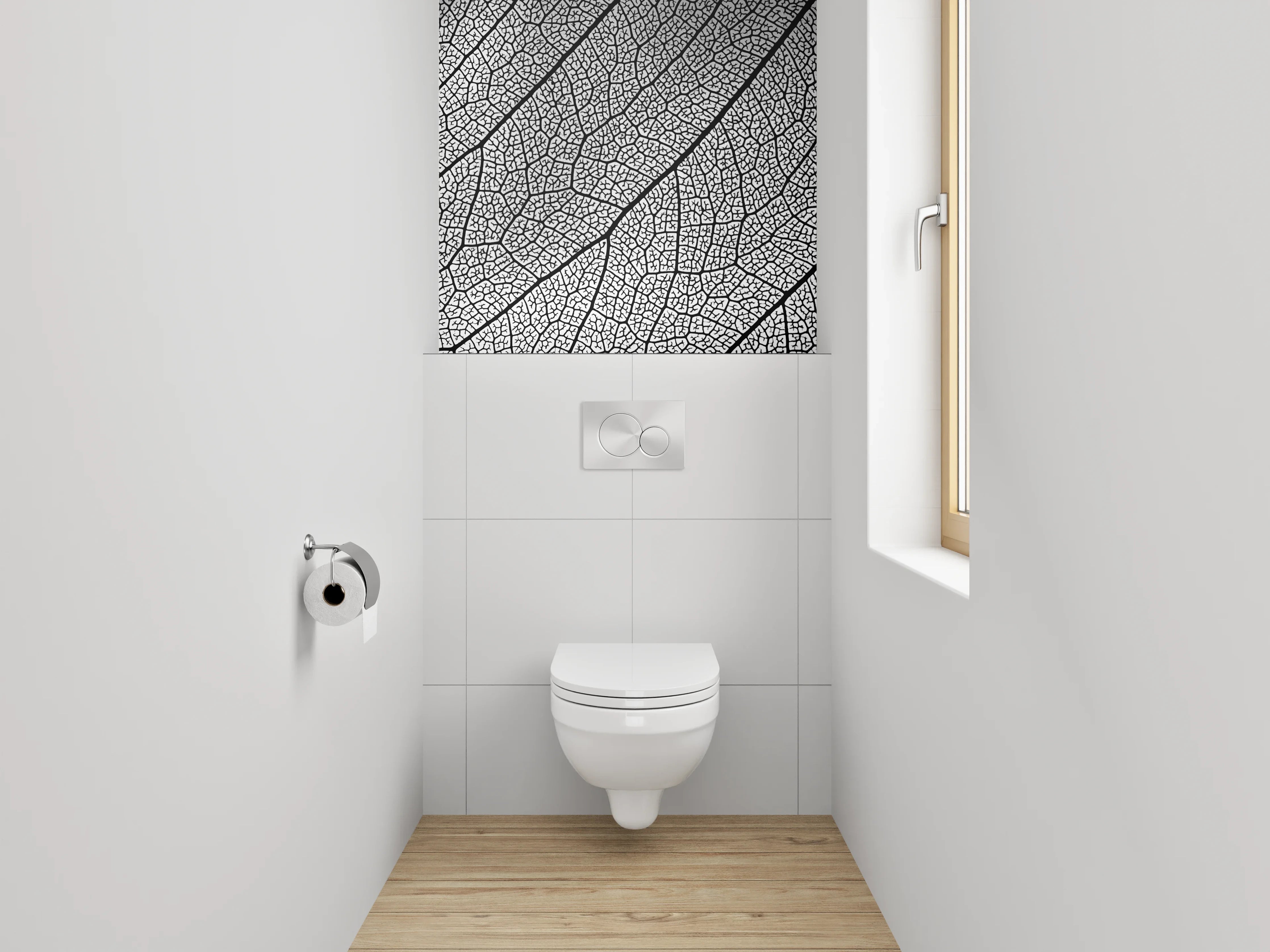 WC-Rückwand - Strukturierte Blattform Schwarz-Weiß Muster