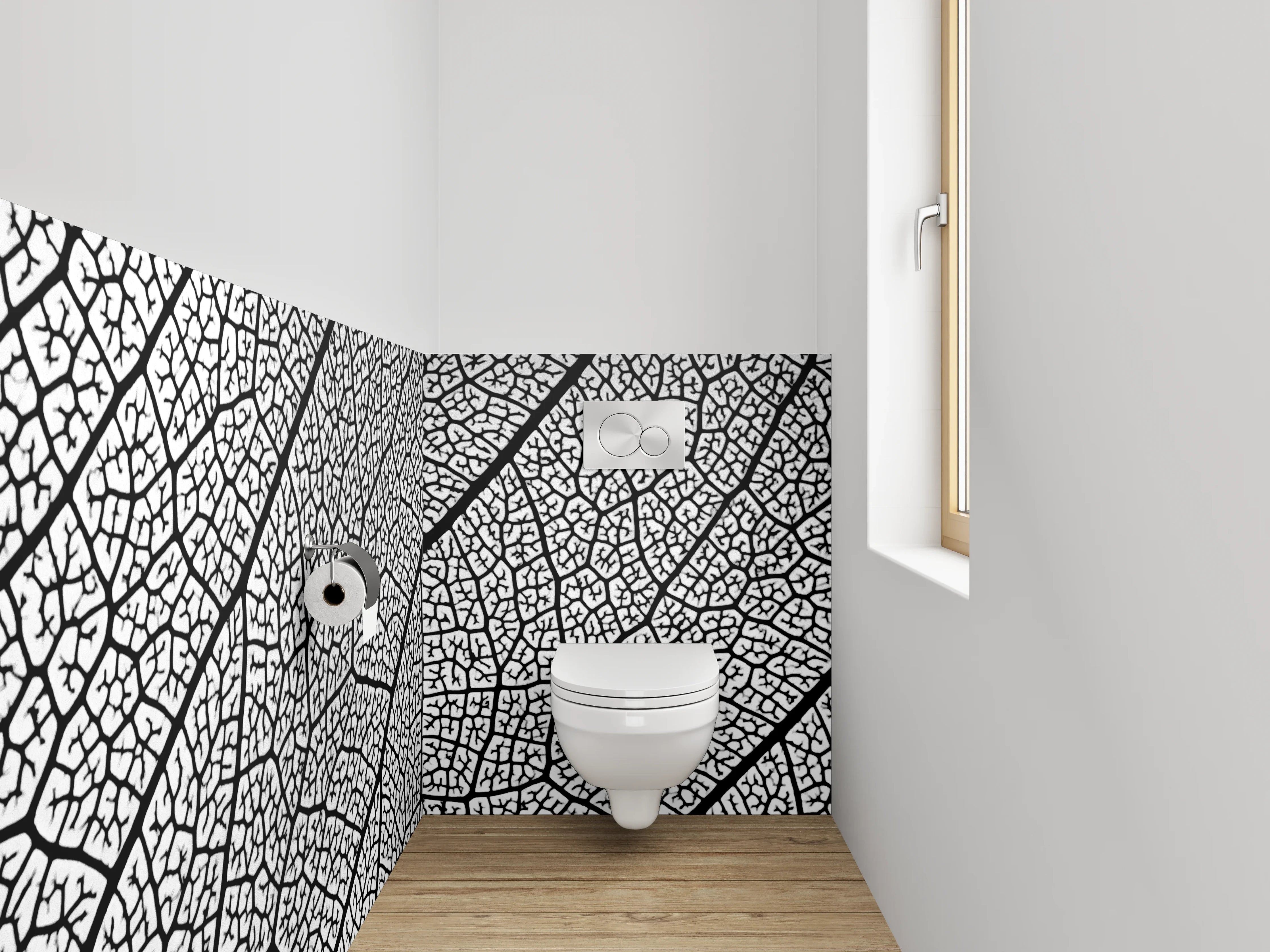 WC-Rückwand - Strukturierte Blattform Schwarz-Weiß Muster