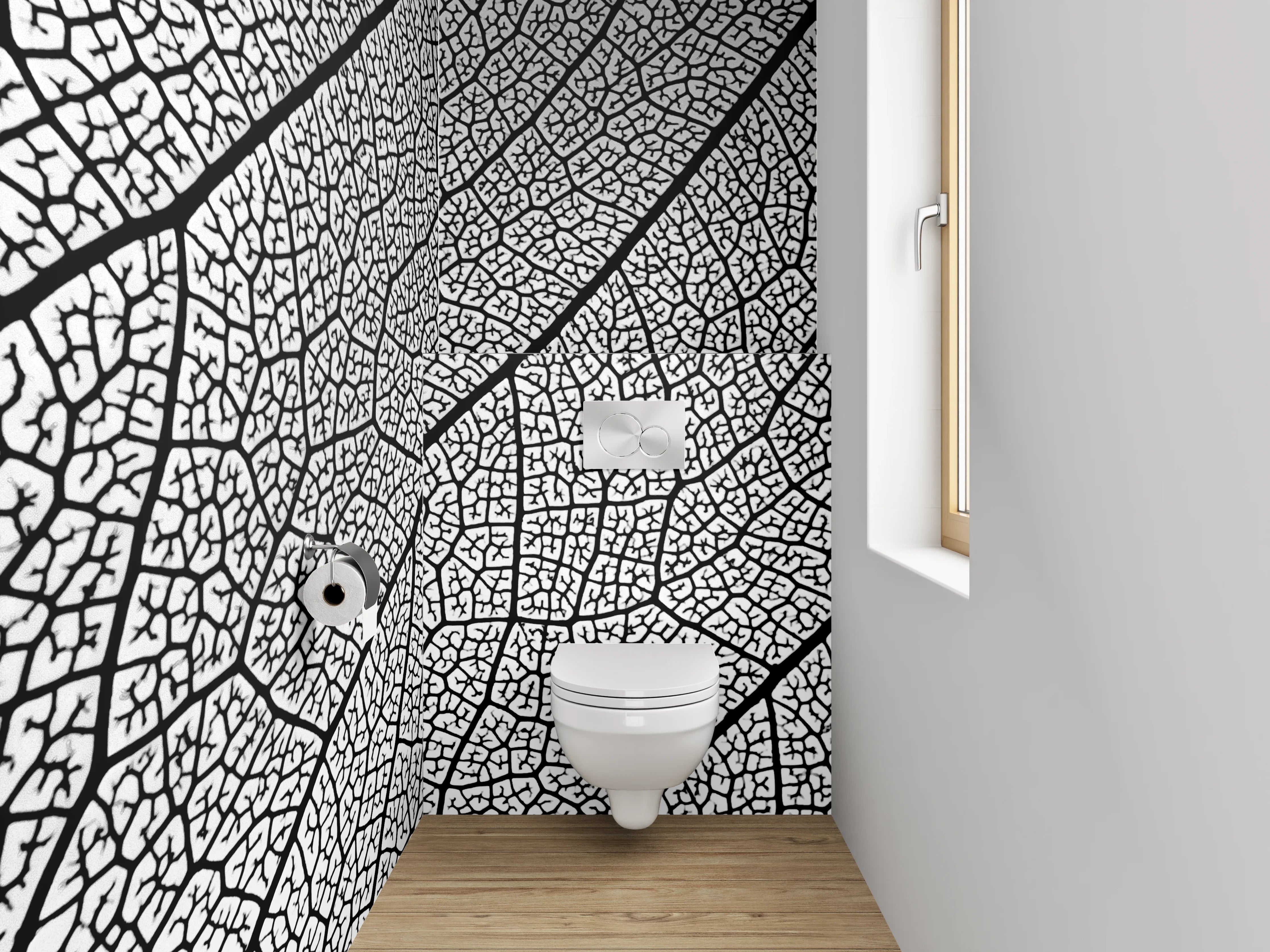 WC-Rückwand - Strukturierte Blattform Schwarz-Weiß Muster