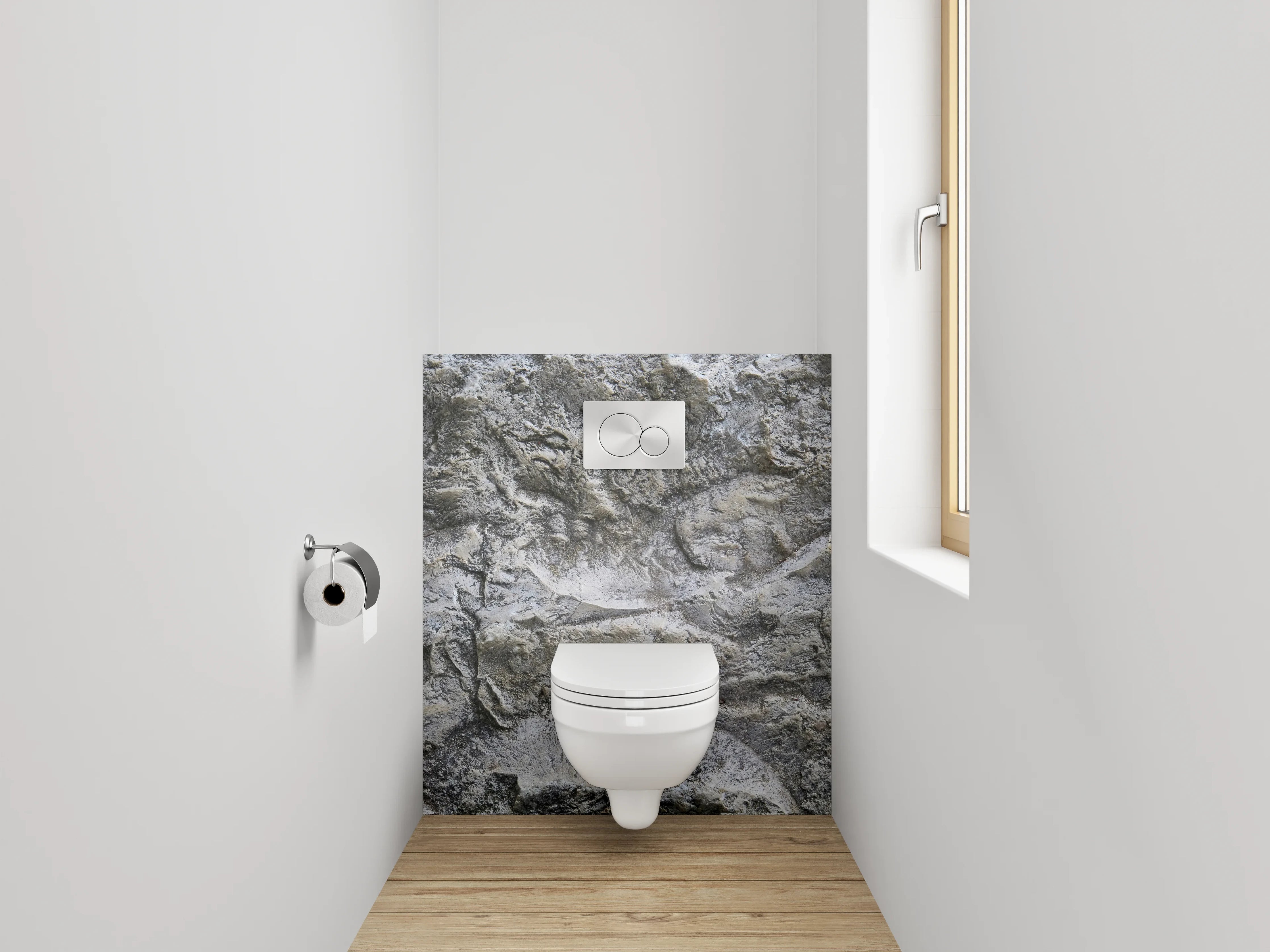 WC-Rückwand - Strukturierter Kalkstein in Grau-Weiß