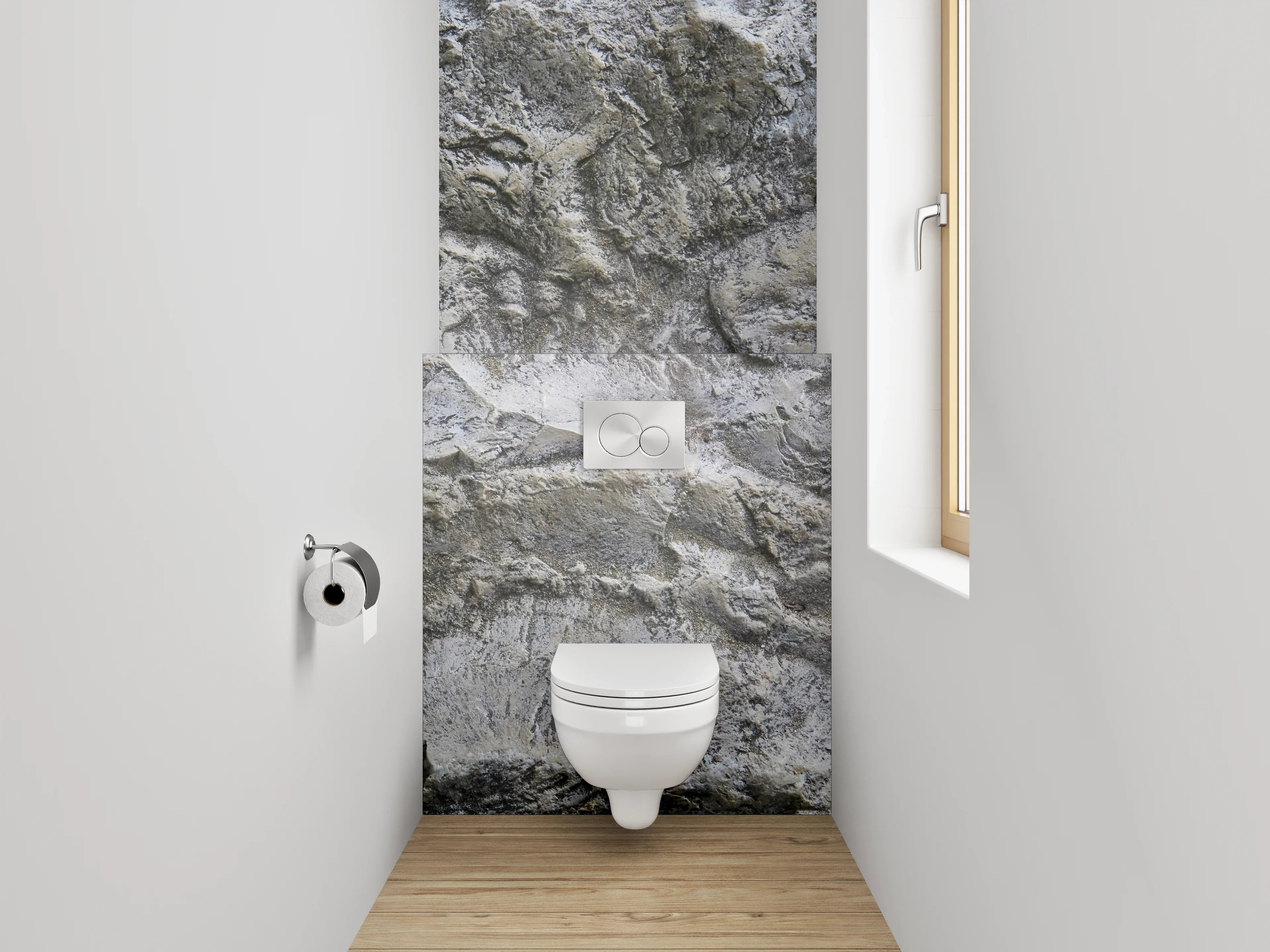 WC-Rückwand - Strukturierter Kalkstein in Grau-Weiß