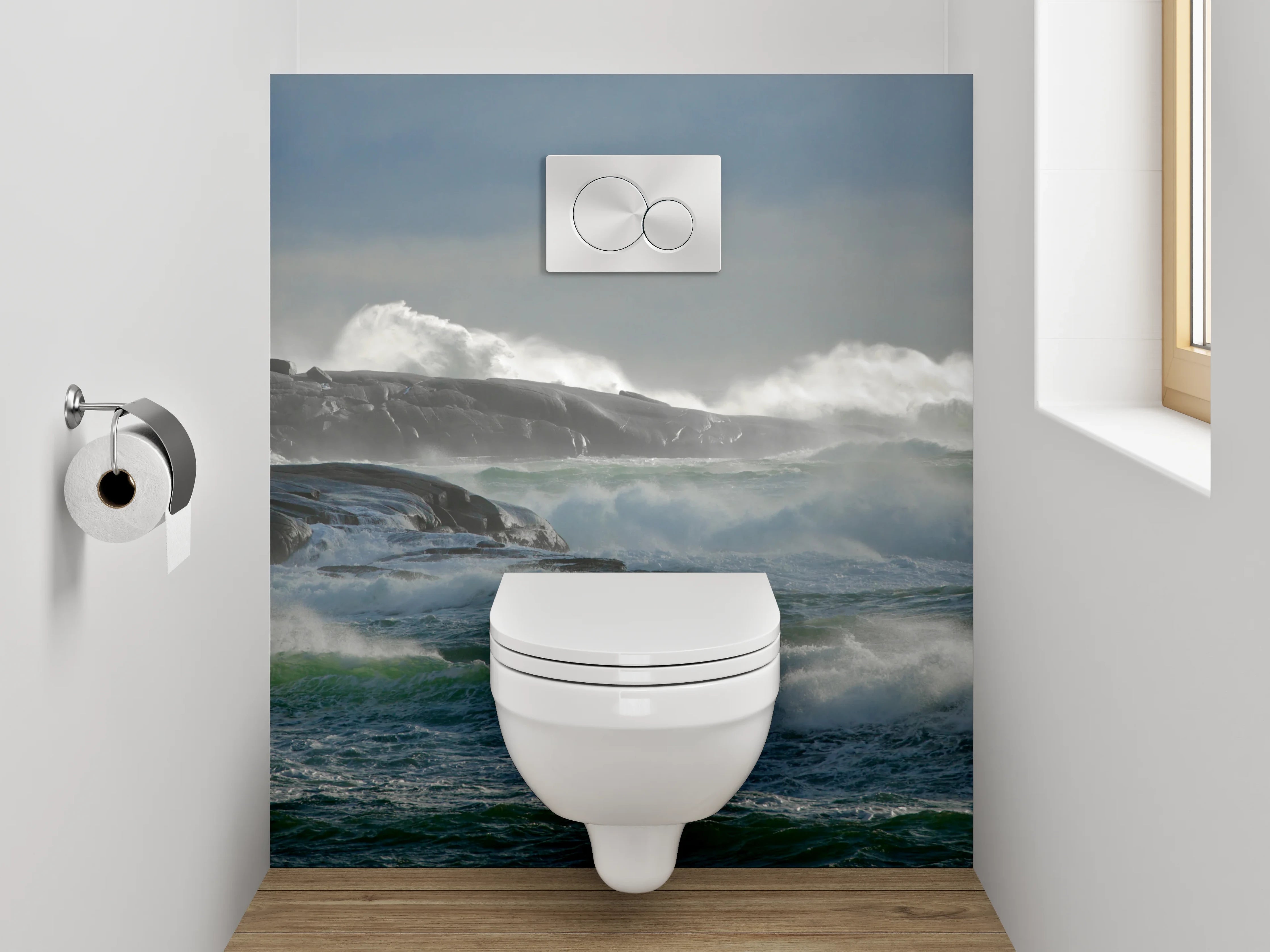 WC-Rückwand - Sturmwellen am Leuchtturm – Küstenblick