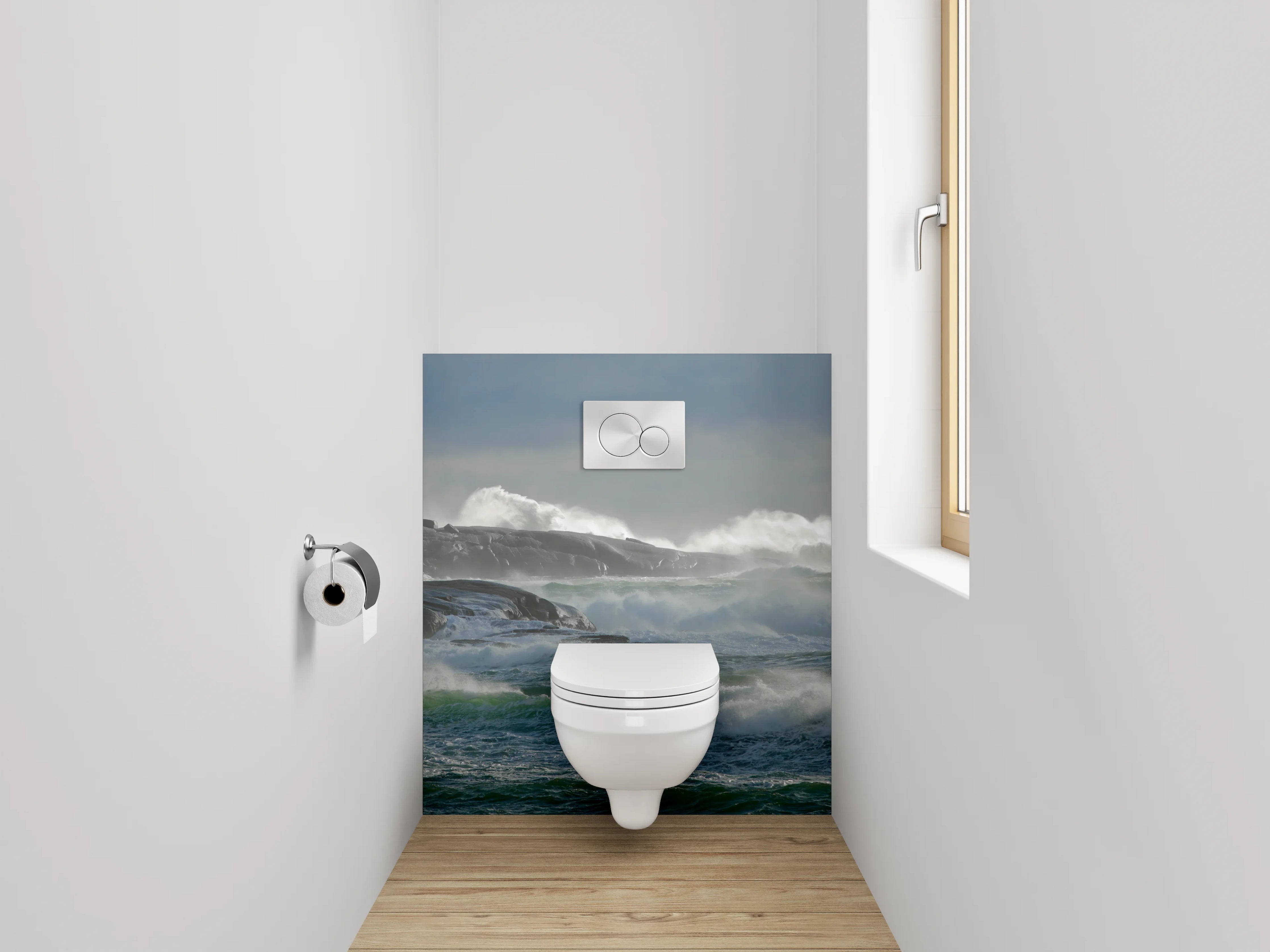 WC-Rückwand - Sturmwellen am Leuchtturm – Küstenblick