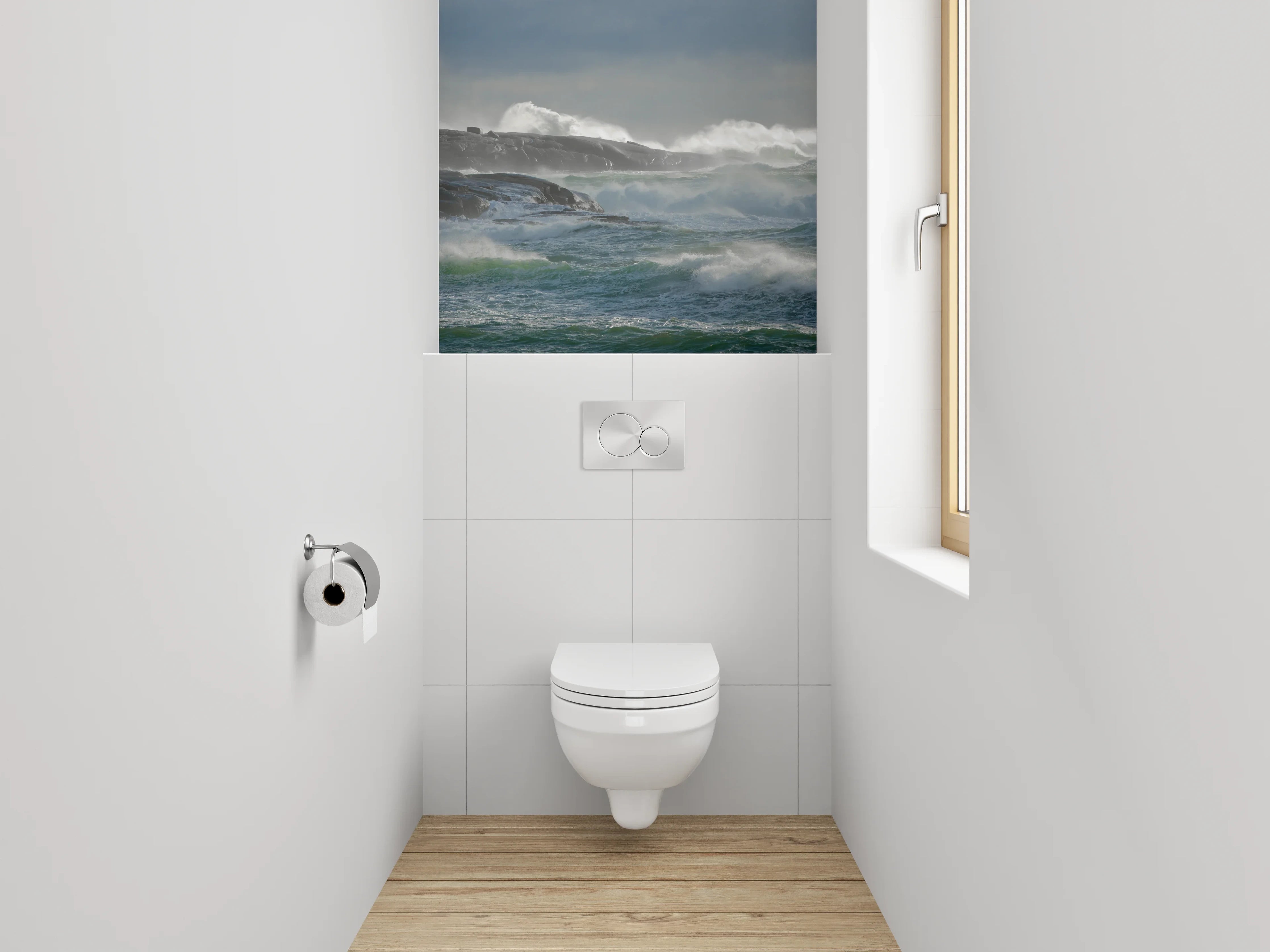WC-Rückwand - Sturmwellen am Leuchtturm – Küstenblick