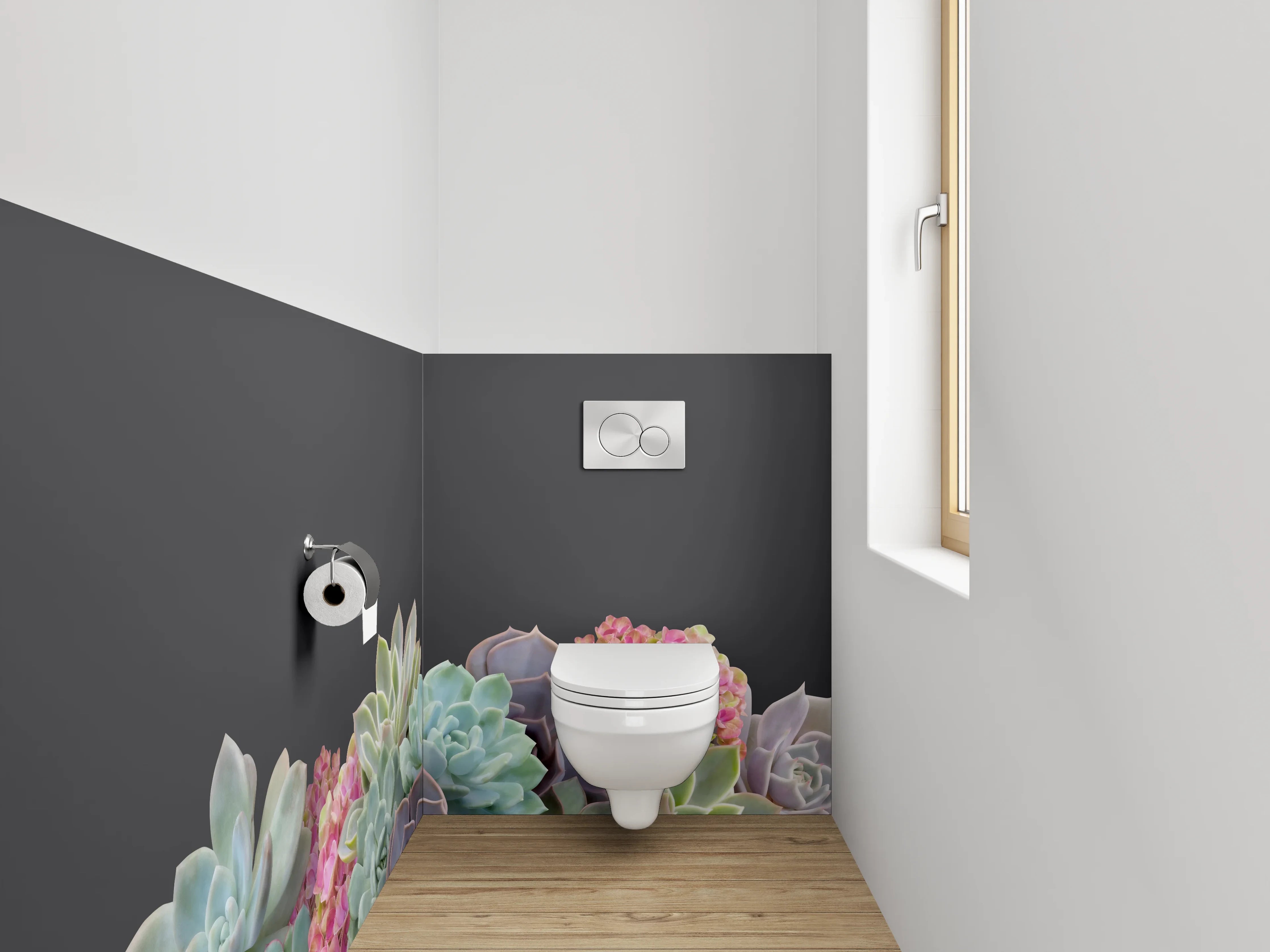 WC-Rückwand - Sukkulenten Blumen Aquarell auf Dunkelgrau
