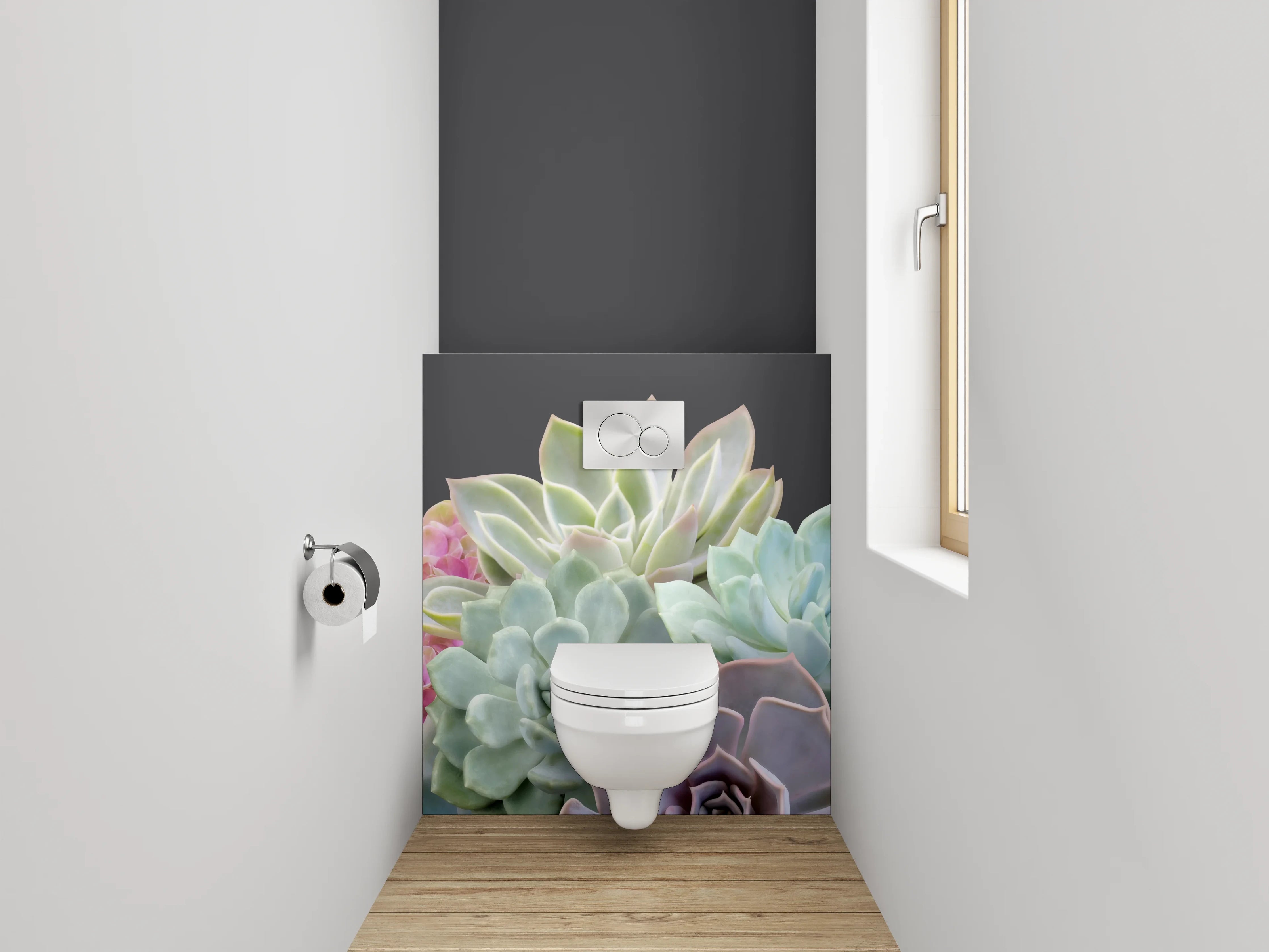 WC-Rückwand - Sukkulenten Blumen Aquarell auf Dunkelgrau