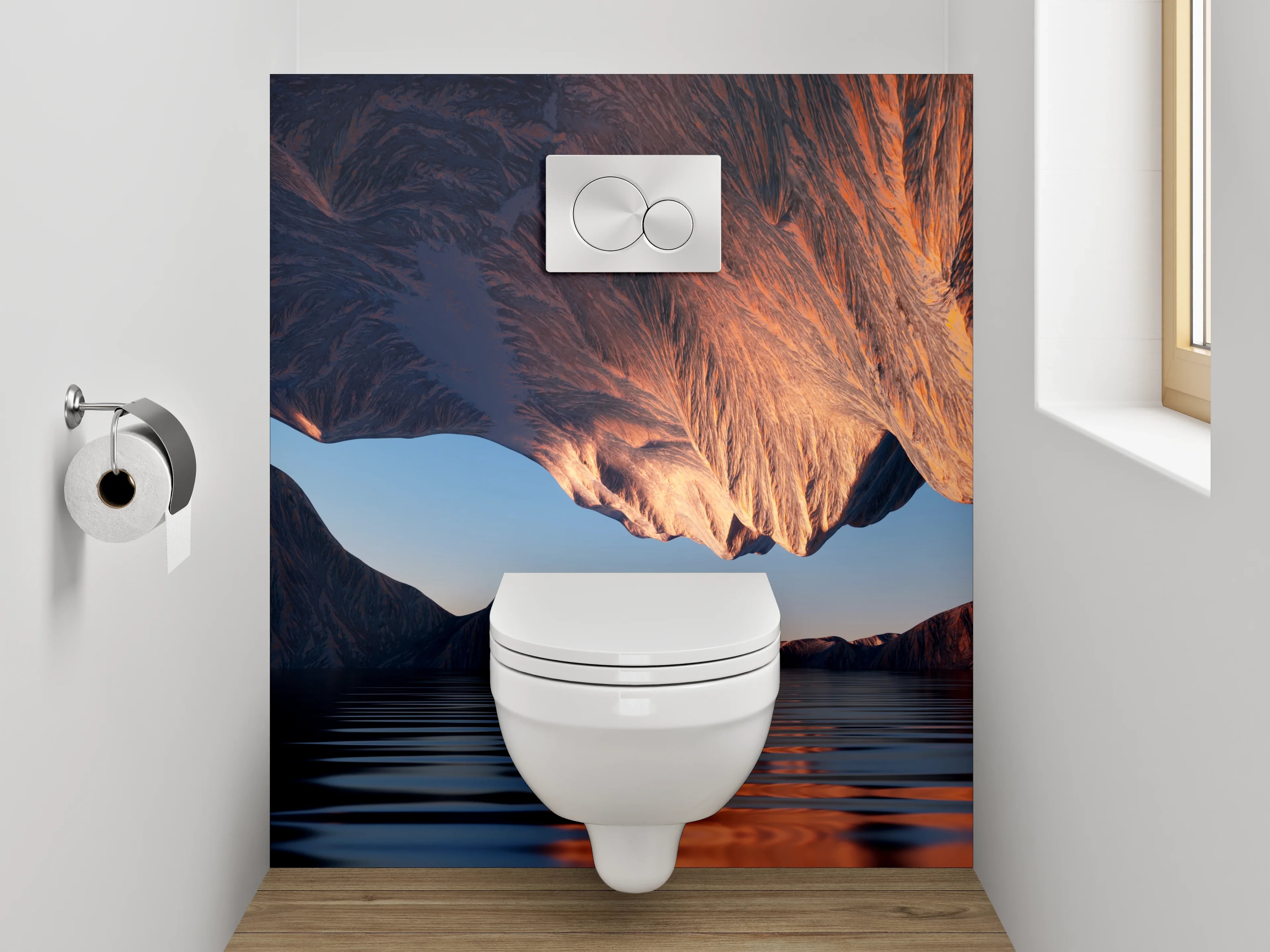 WC-Rückwand - Surreale Berglandschaft mit spiegelndem Wasser