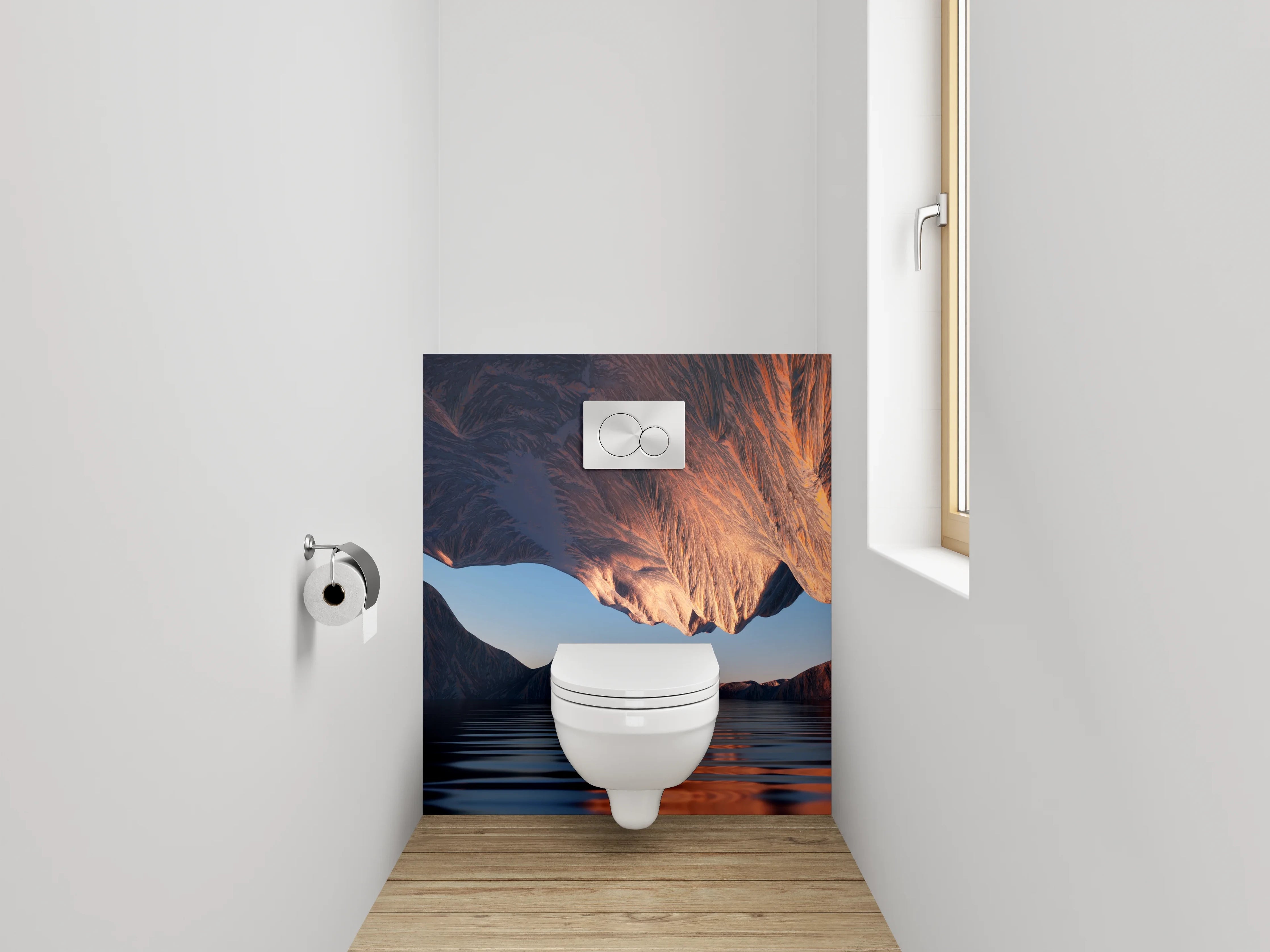 WC-Rückwand - Surreale Berglandschaft mit spiegelndem Wasser