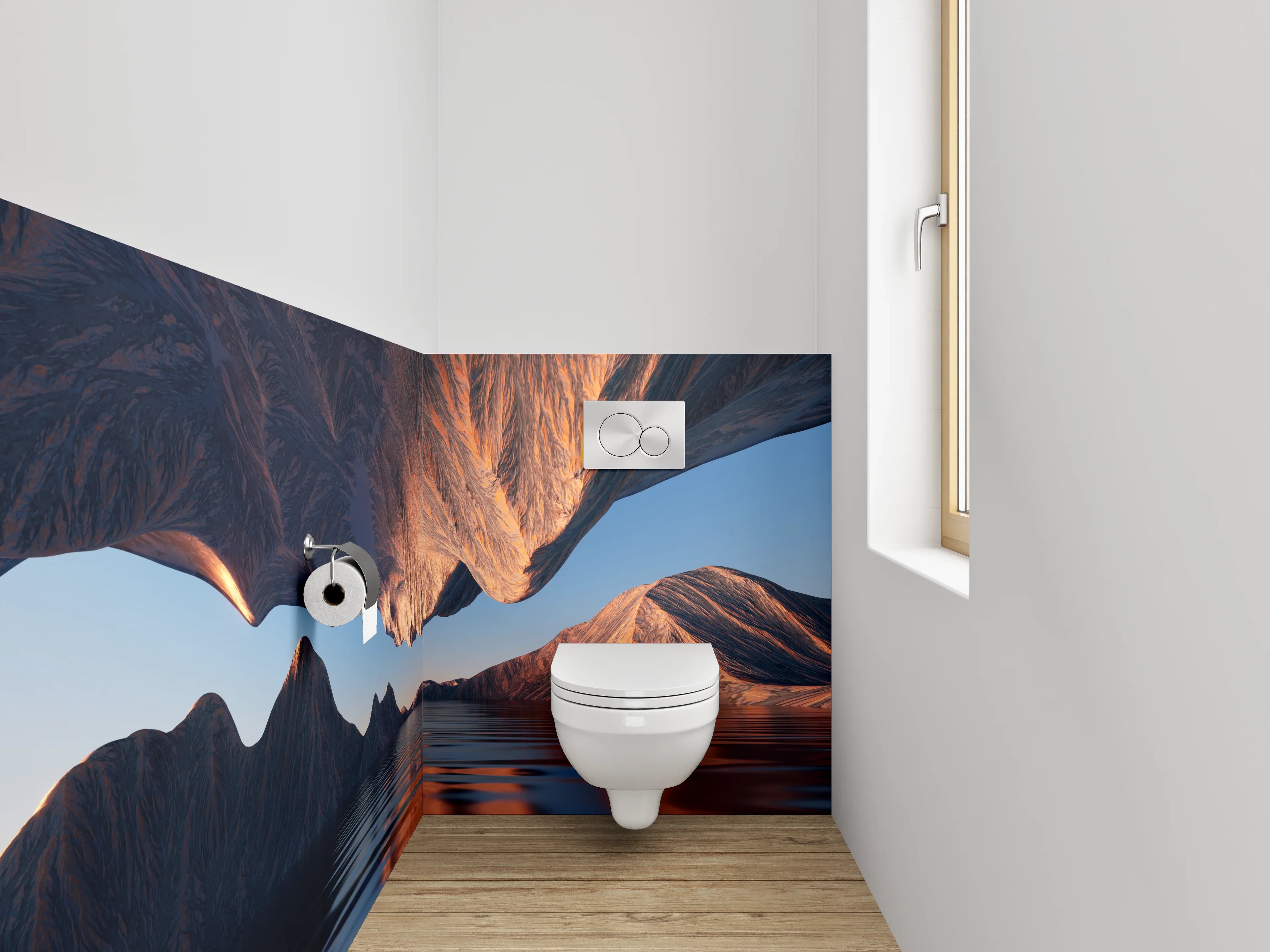 WC-Rückwand - Surreale Berglandschaft mit spiegelndem Wasser