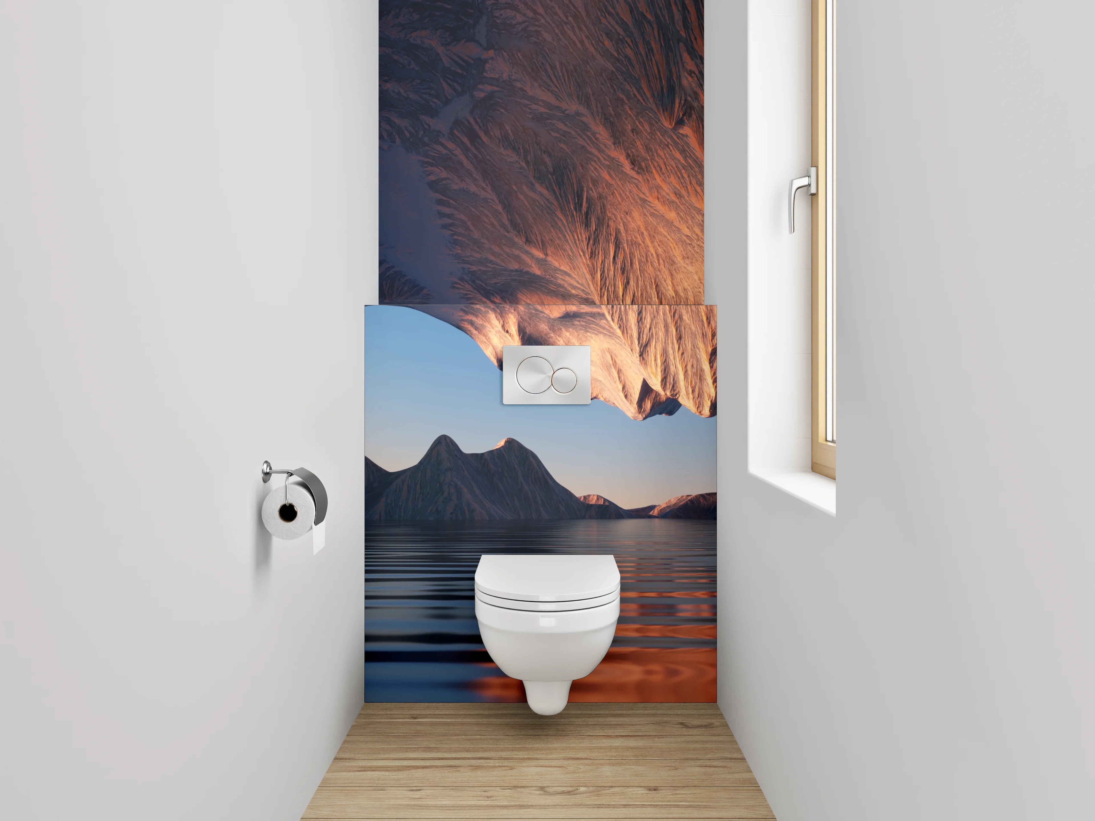 WC-Rückwand - Surreale Berglandschaft mit spiegelndem Wasser