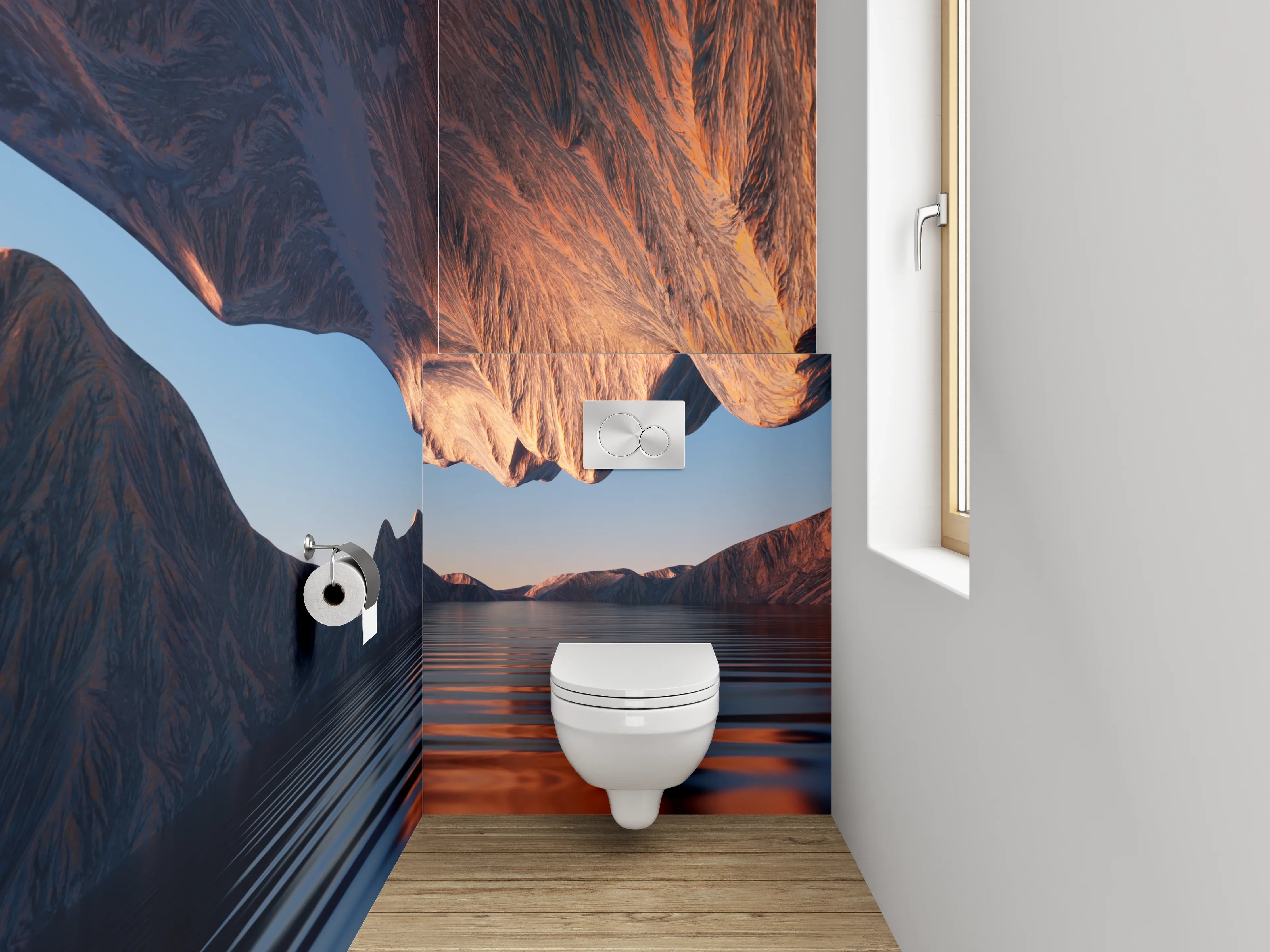 WC-Rückwand - Surreale Berglandschaft mit spiegelndem Wasser