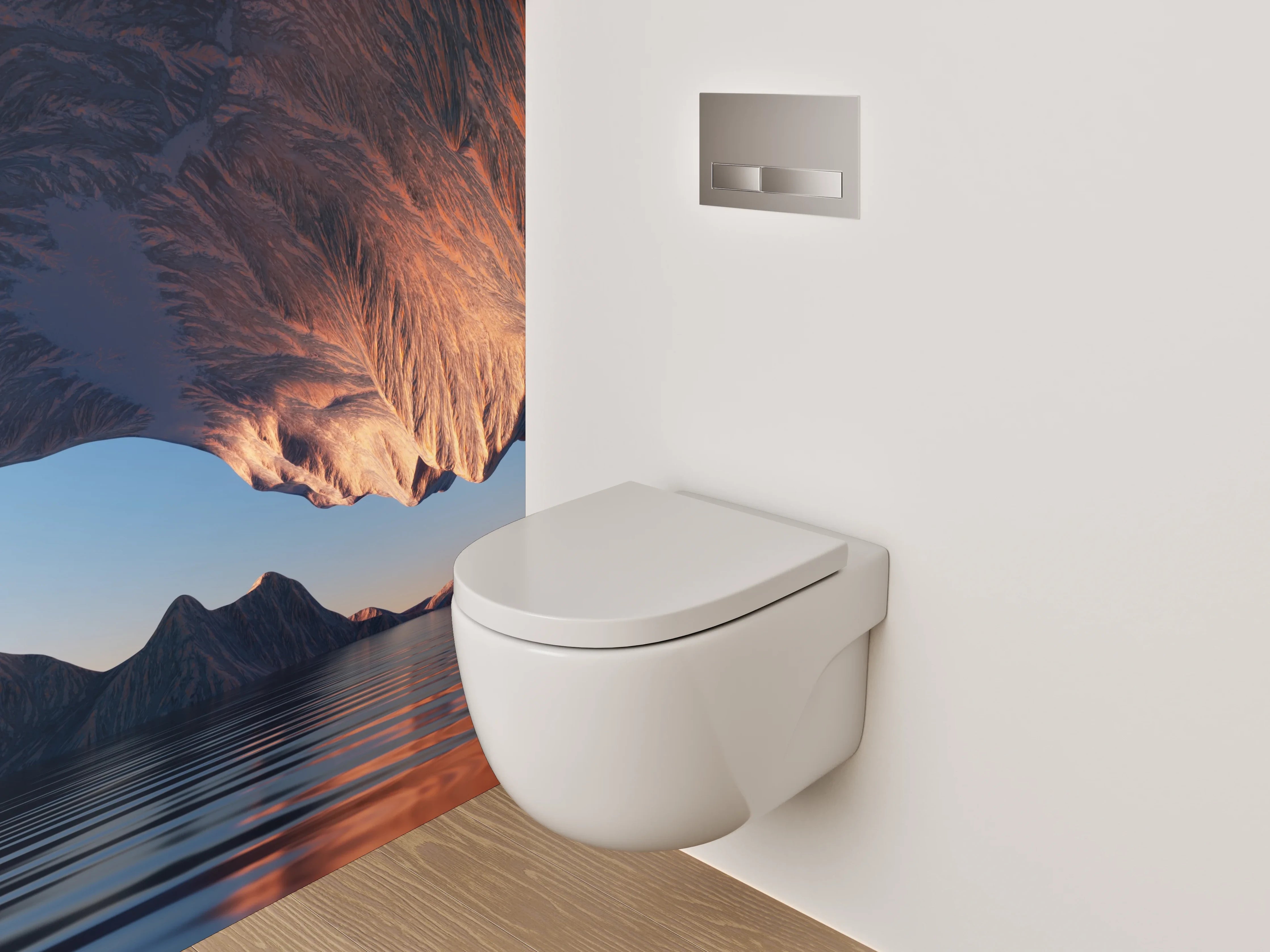WC-Rückwand - Surreale Berglandschaft mit spiegelndem Wasser