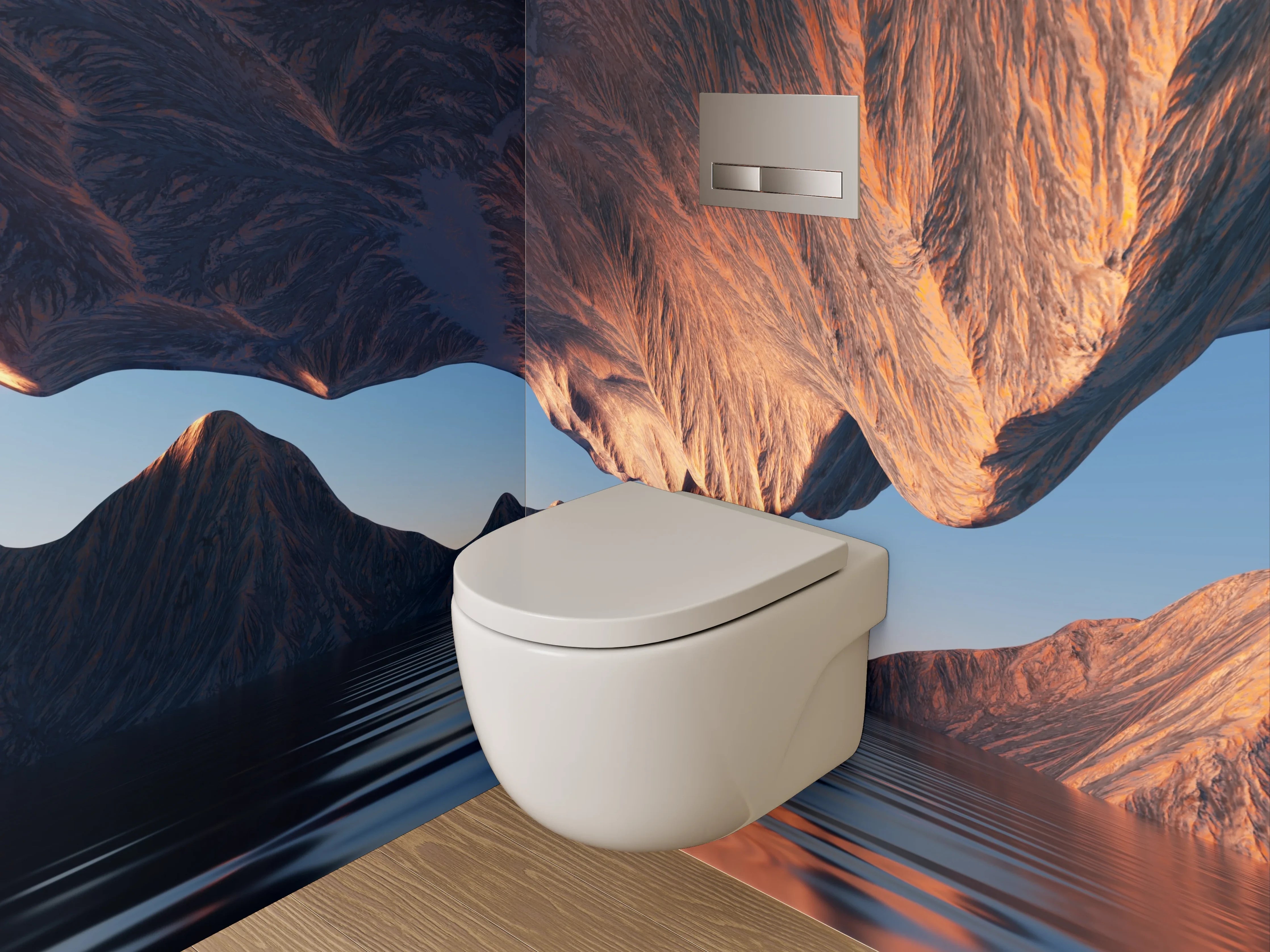 WC-Rückwand - Surreale Berglandschaft mit spiegelndem Wasser