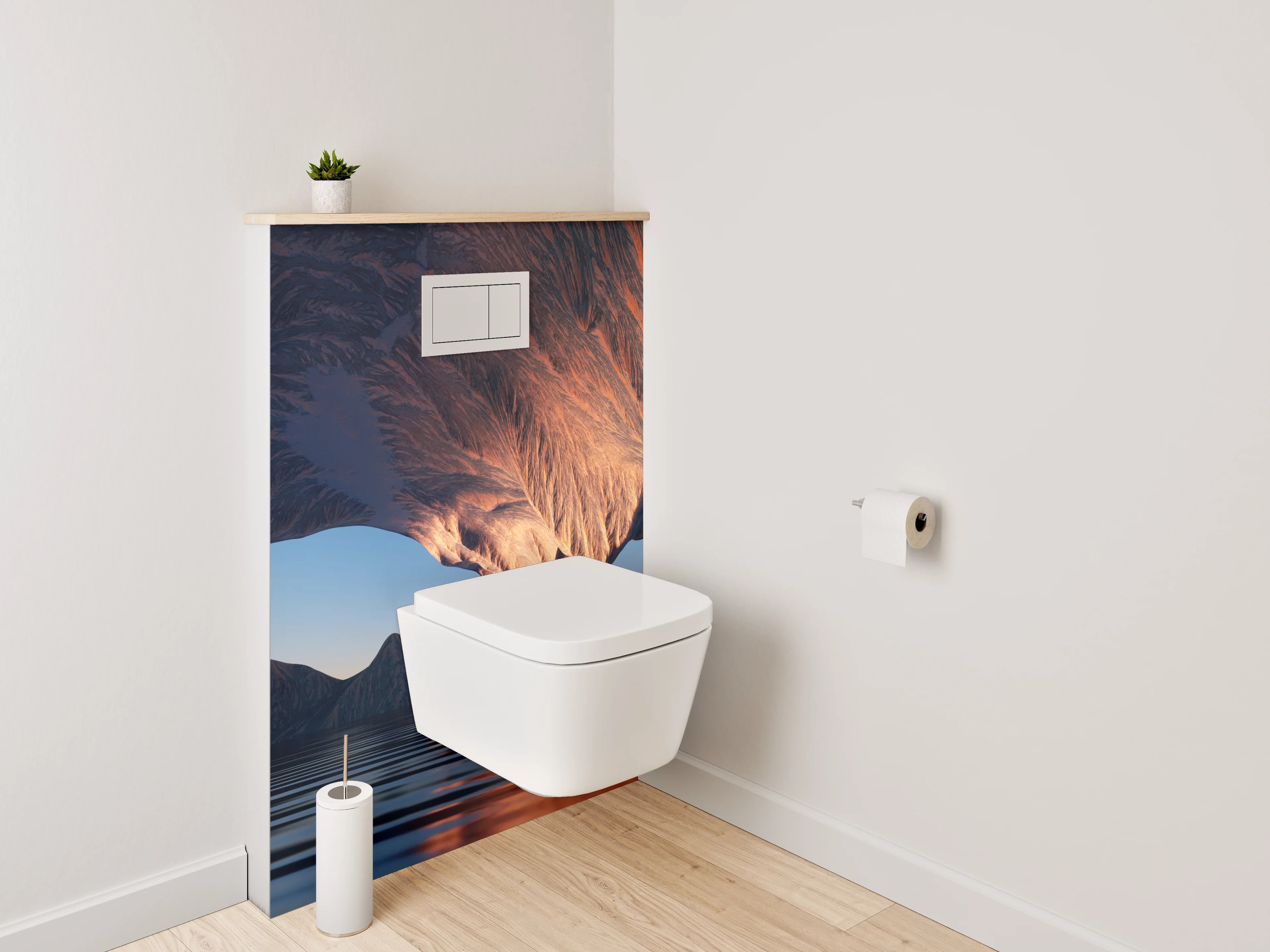 WC-Rückwand - Surreale Berglandschaft mit spiegelndem Wasser