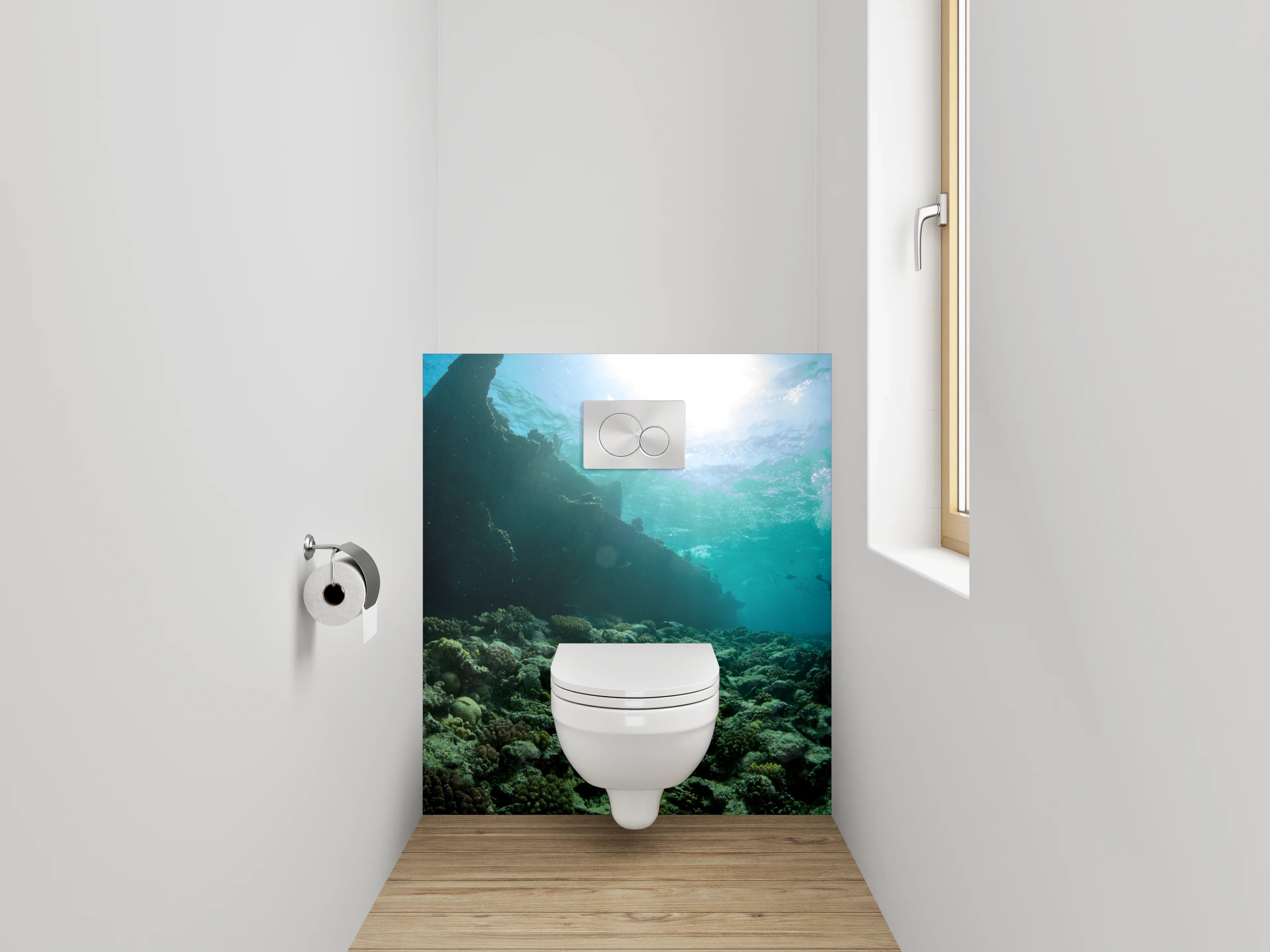 WC-Rückwand - Taucher am Korallenriff mit Schiffswrack