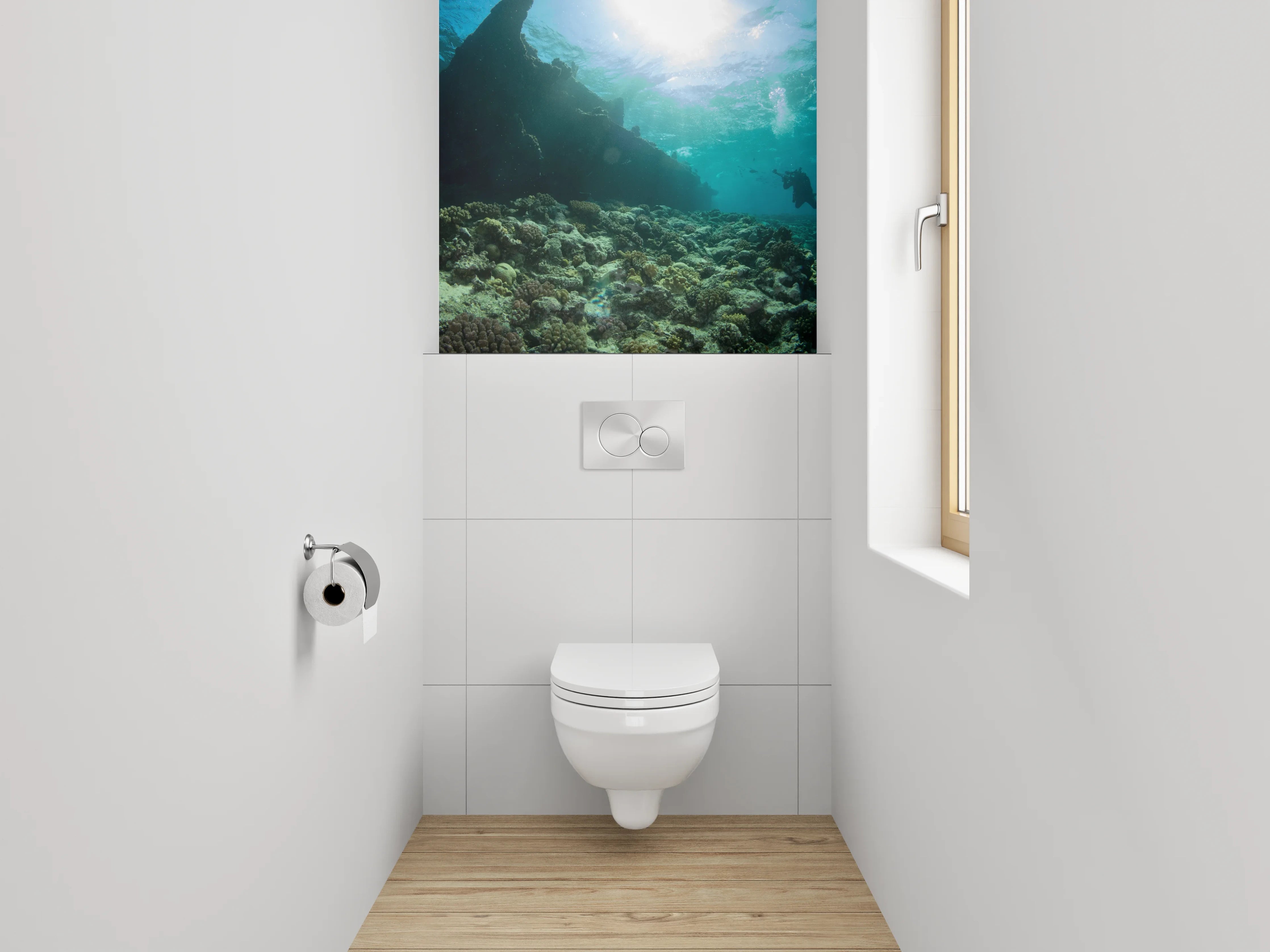 WC-Rückwand - Taucher am Korallenriff mit Schiffswrack