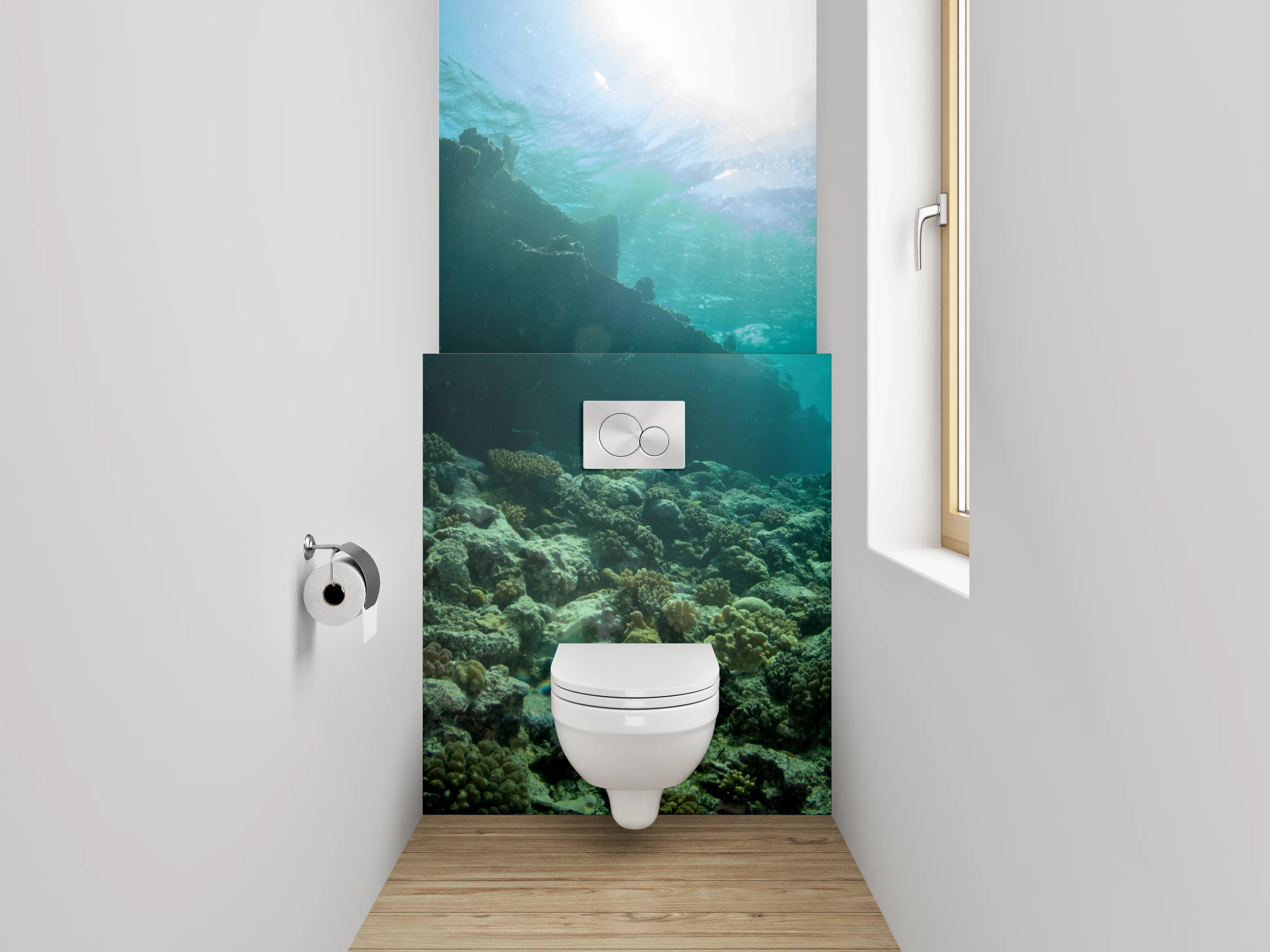WC-Rückwand - Taucher am Korallenriff mit Schiffswrack