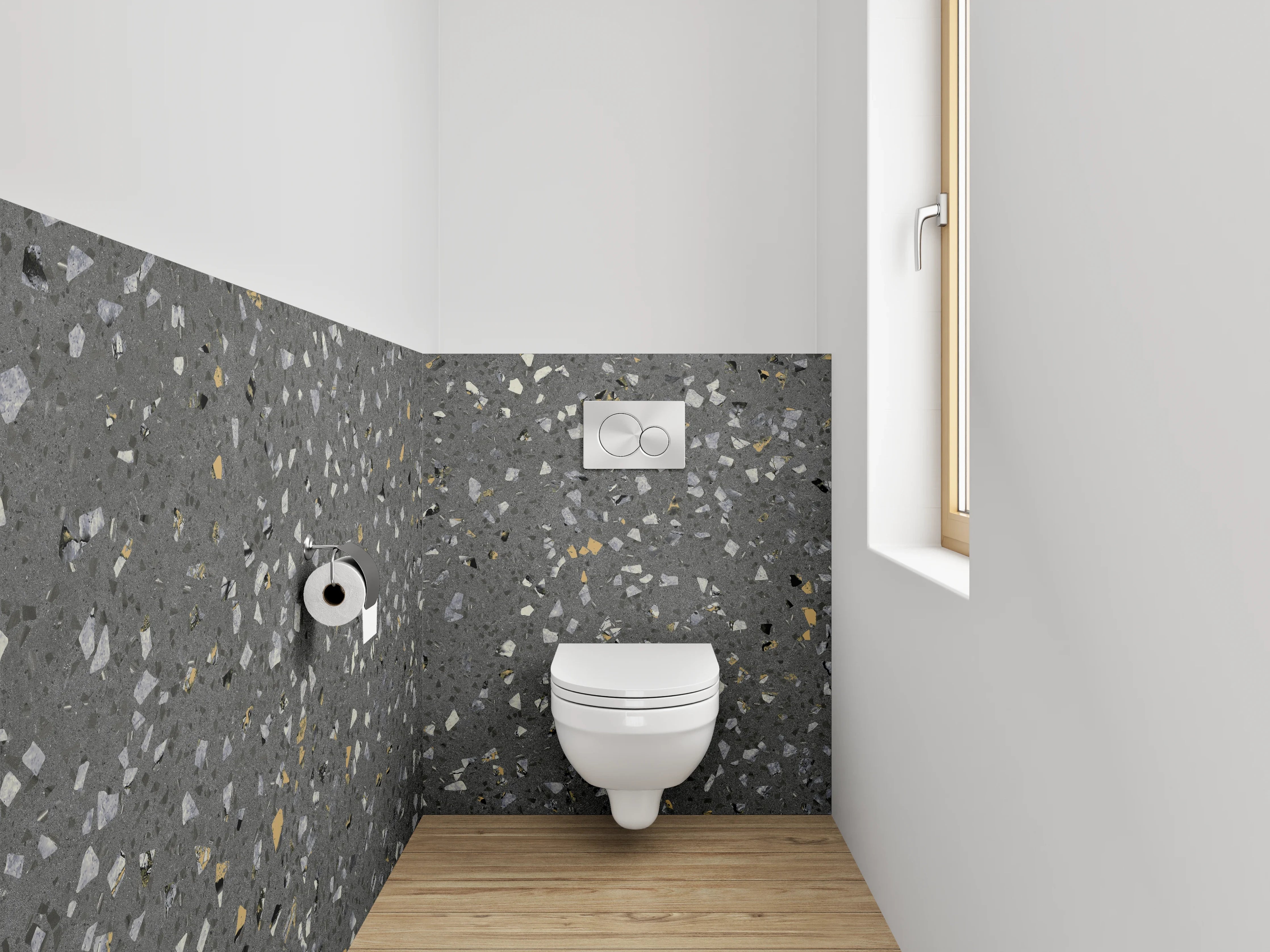 WC-Rückwand - Terrazzo-Optik Grau mit Farbakzenten