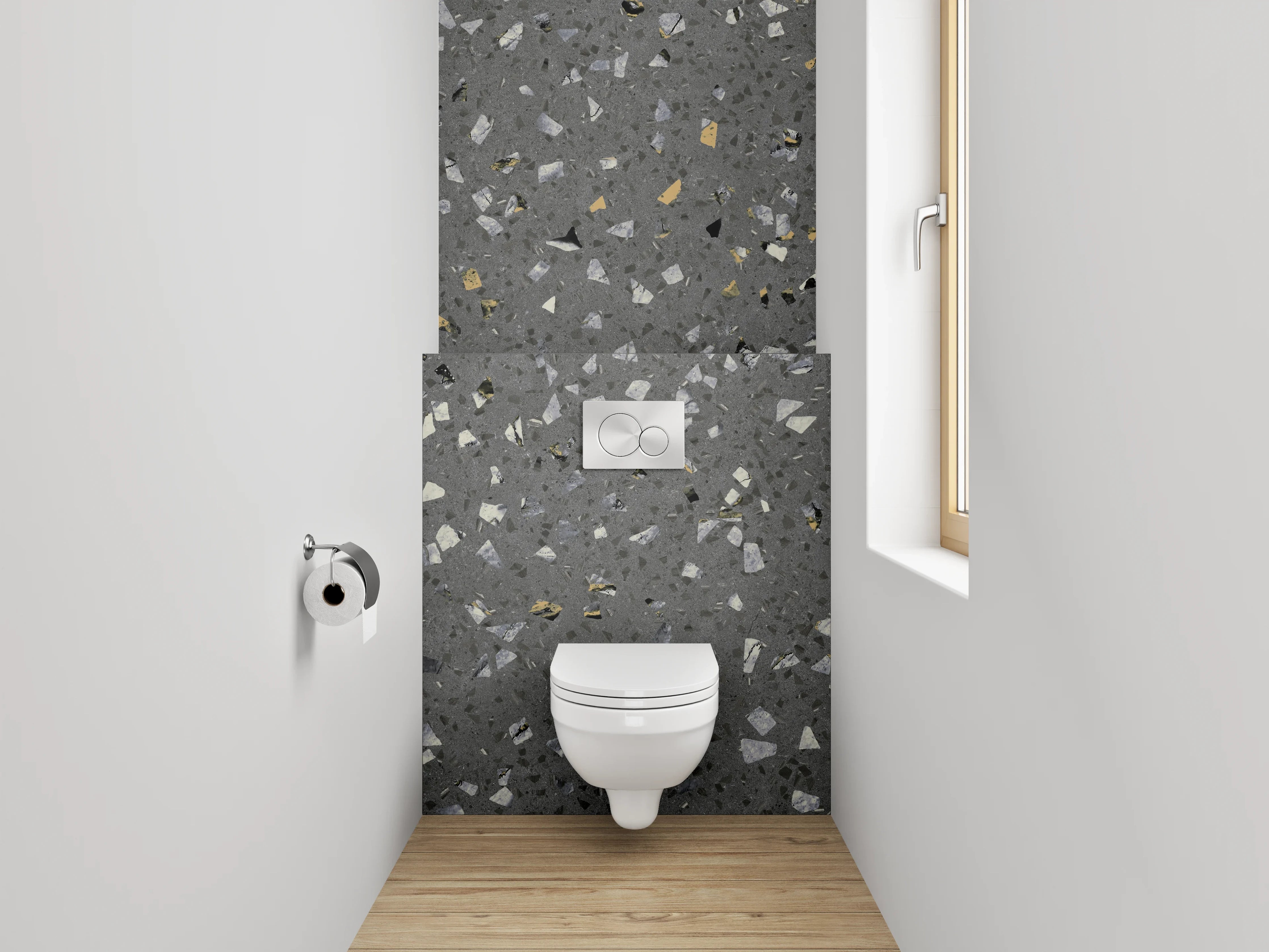 WC-Rückwand - Terrazzo-Optik Grau mit Farbakzenten