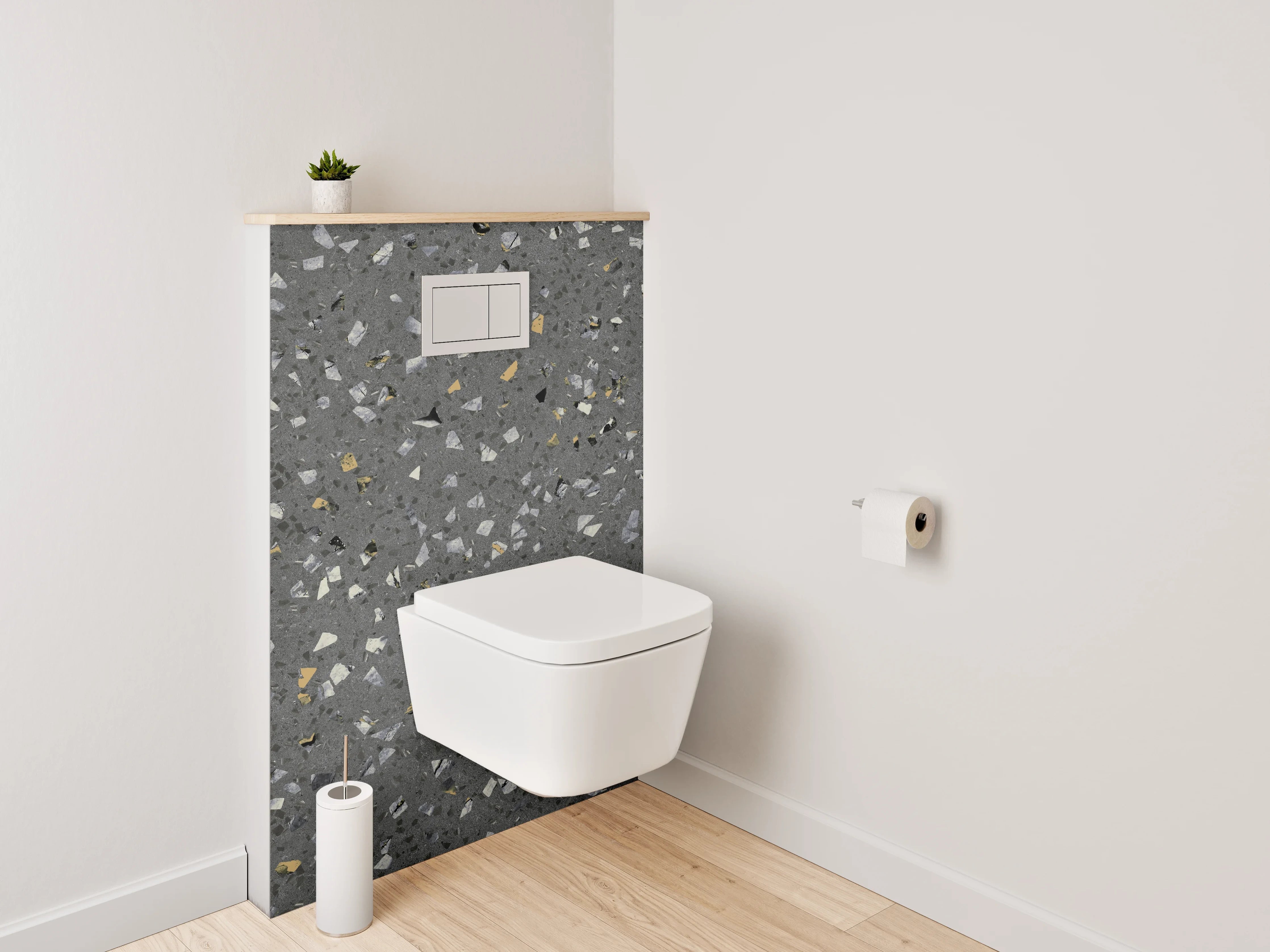 WC-Rückwand - Terrazzo-Optik Grau mit Farbakzenten
