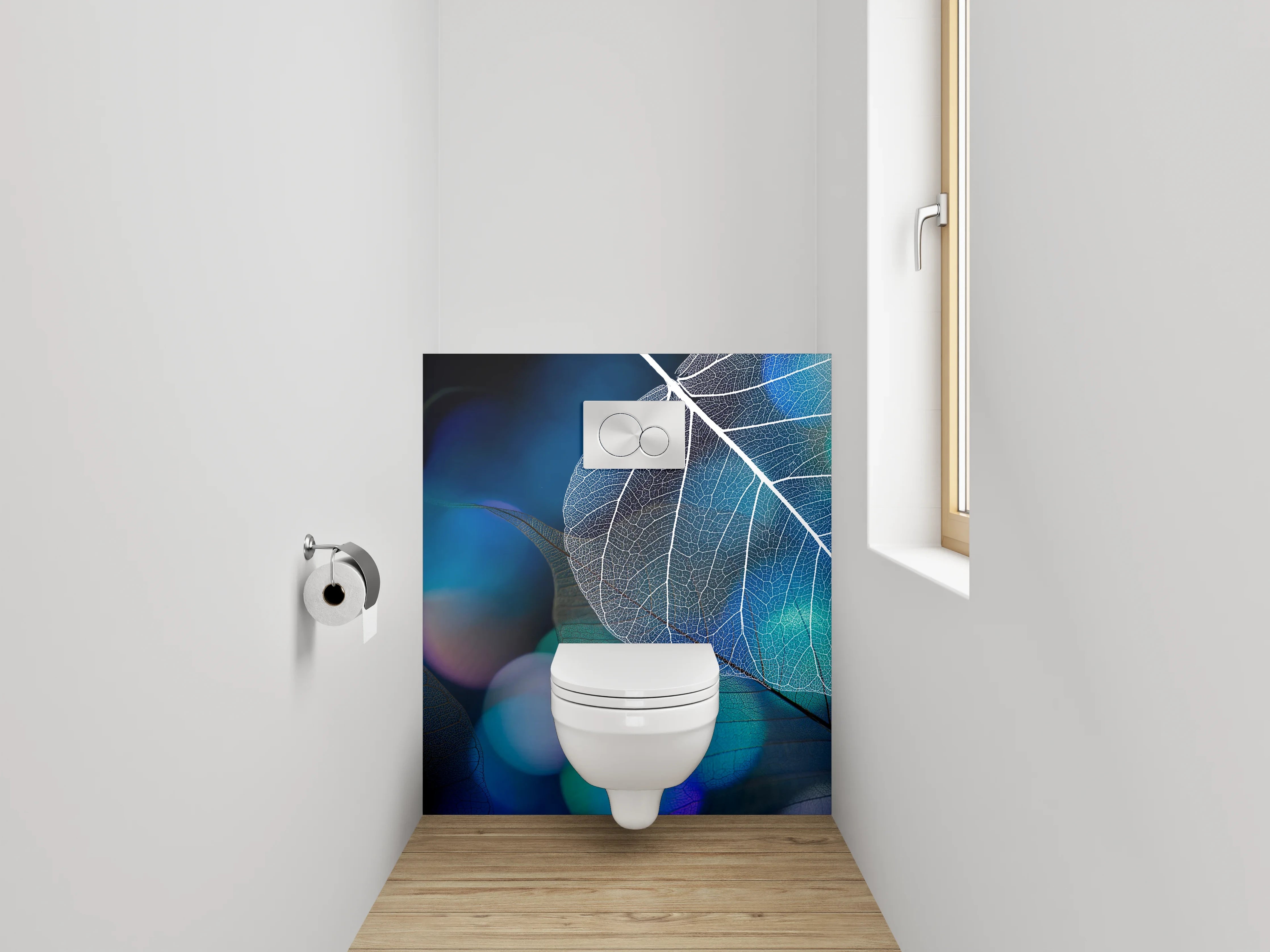 WC-Rückwand - Transparente Blätter auf Blau-Schwarz