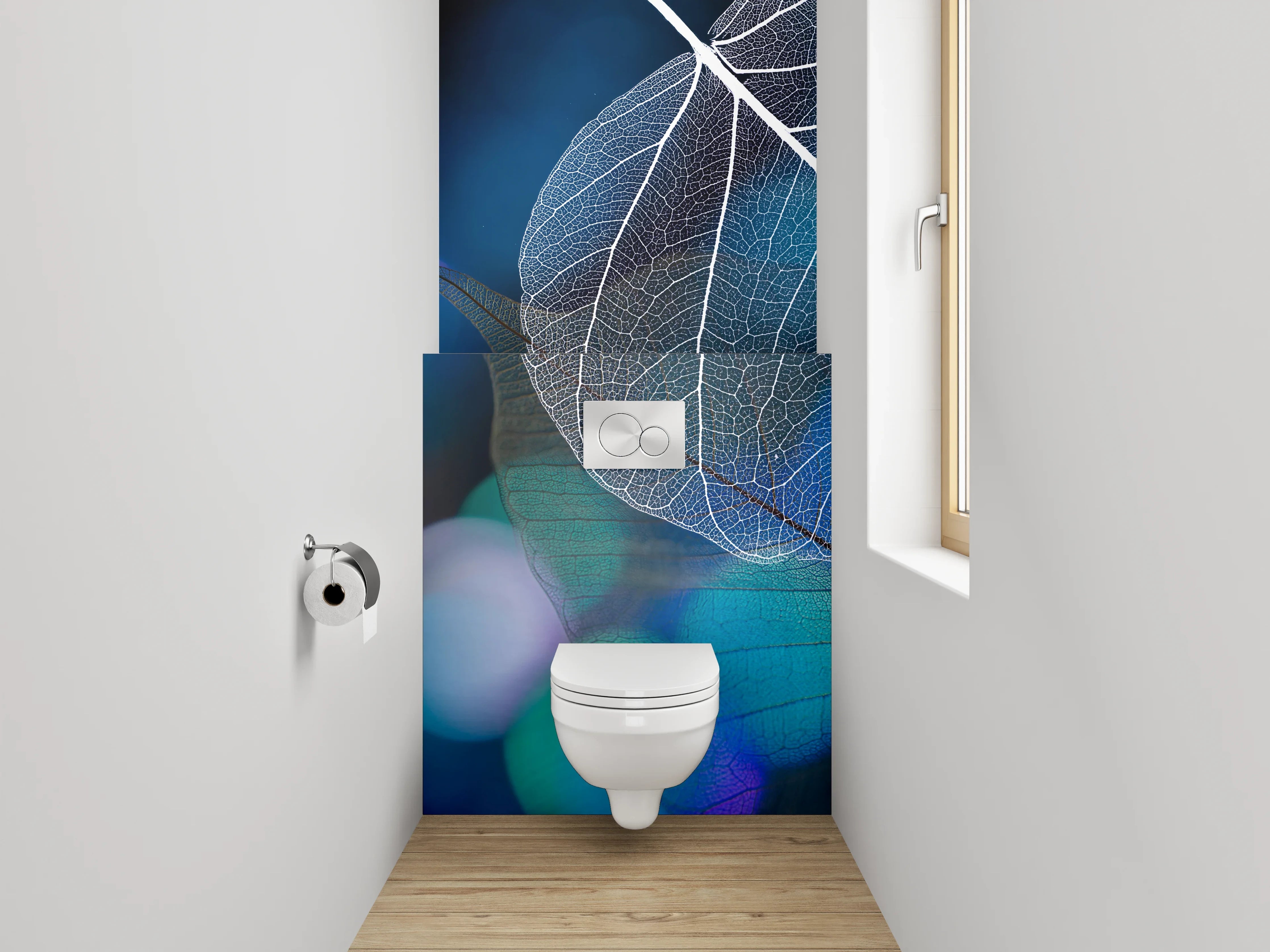 WC-Rückwand - Transparente Blätter auf Blau-Schwarz