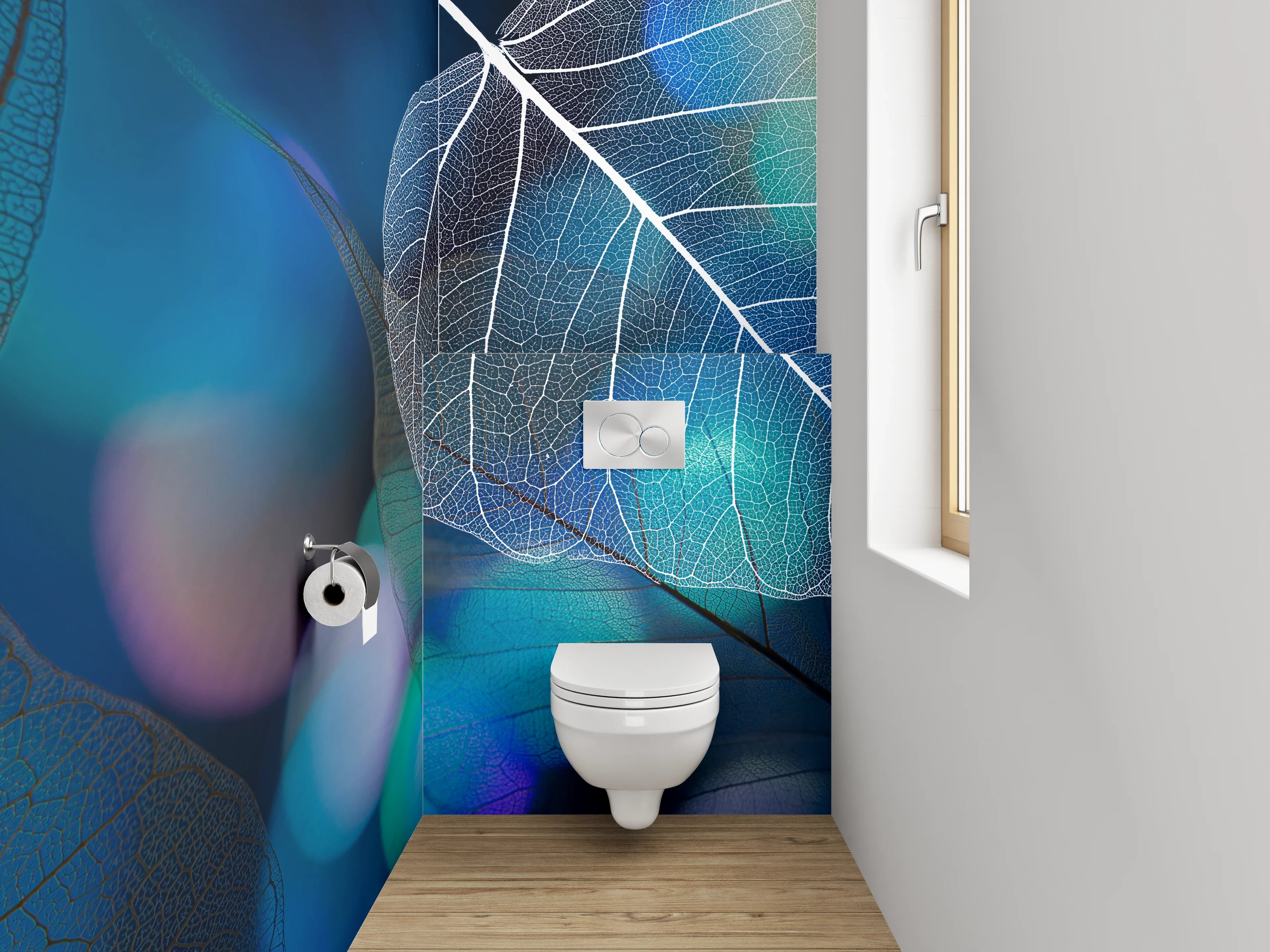 WC-Rückwand - Transparente Blätter auf Blau-Schwarz