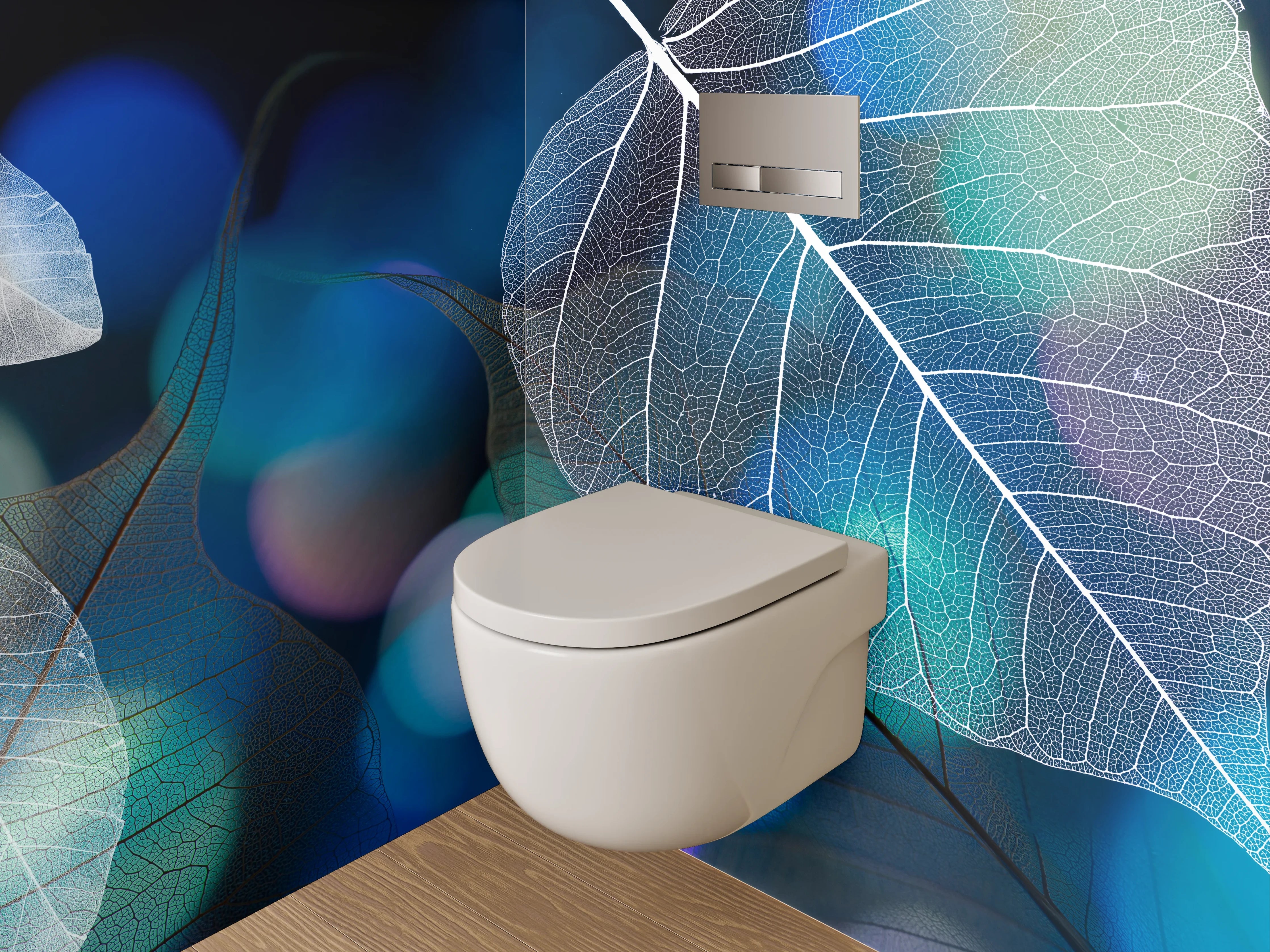 WC-Rückwand - Transparente Blätter auf Blau-Schwarz
