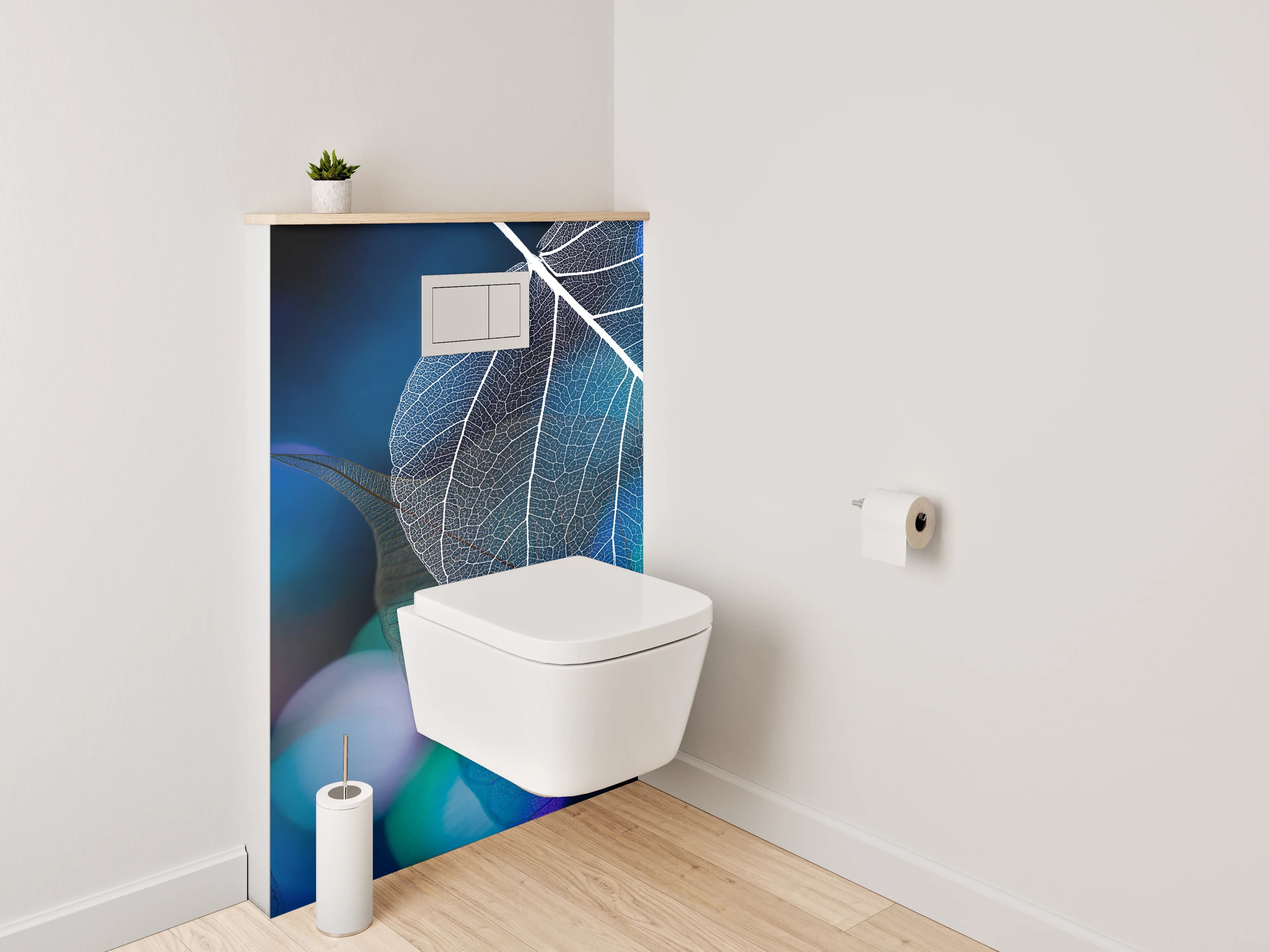 WC-Rückwand - Transparente Blätter auf Blau-Schwarz