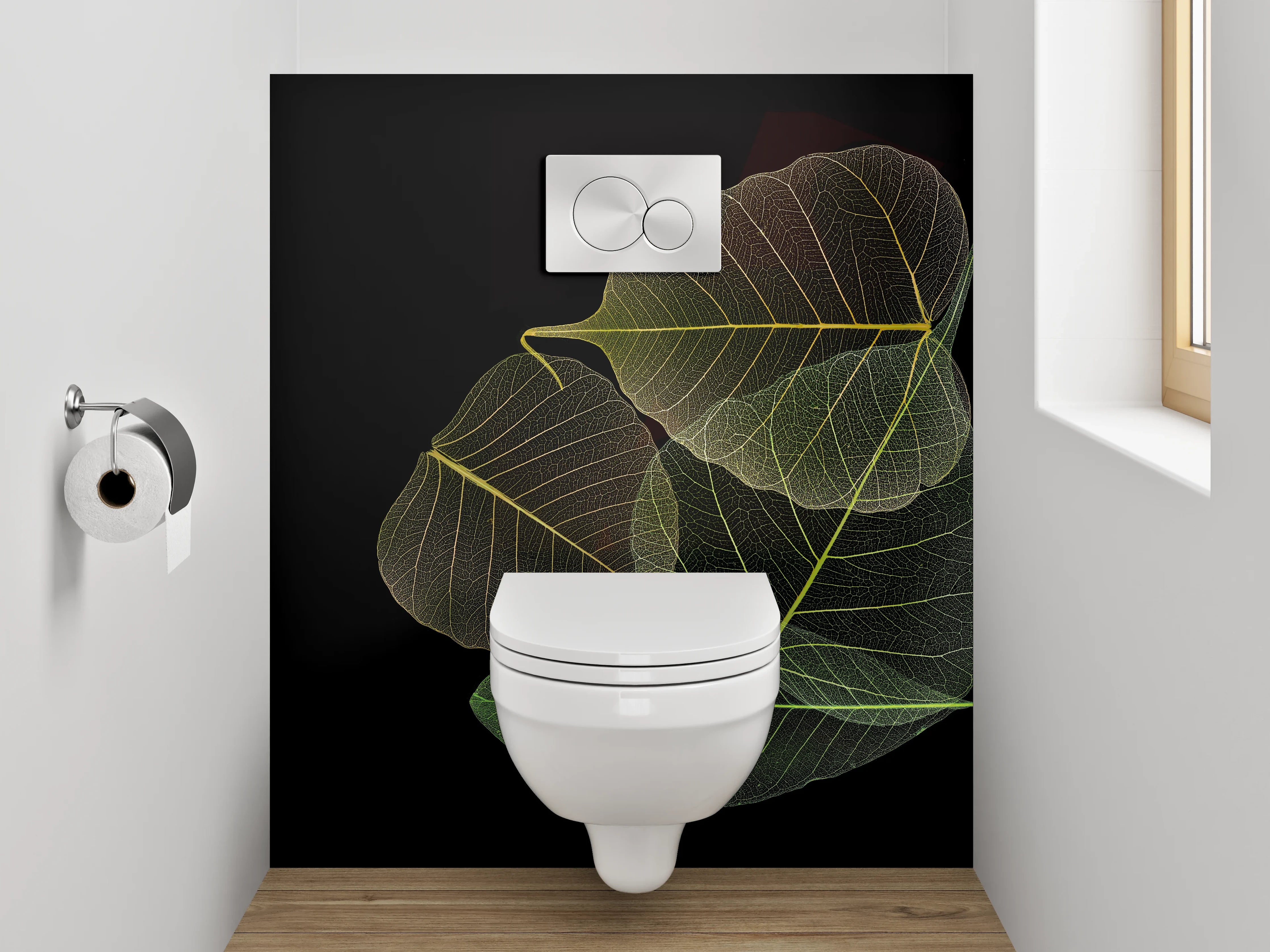 WC-Rückwand - Transparente Blätter auf Schwarz